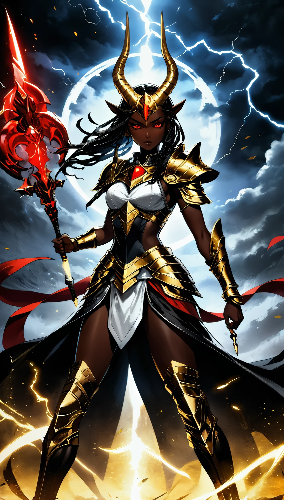 super fitness,There is a piece of digital art, This painting depicts a girl with a golden head and horns warrior, glowing red eyes,movie shot,Lightning Effects,,unfinished, incubation (texture),black battlefield background,natural lighting,dark skin,dark atmosphere,Dragon Knight full body photo, Mysterious Anubis and Valkyrie, Super detailed fantasy characters, dragon portrait, black balance color, white and red,sleipnir'photo, ghost of anubis, 4K details fantasy, Polaroid Counting Trends, zbrush competition champion, Draw using zbrush, ZBrush Central Competition Champion, warrior, (The whole body is covered with blood:1.2),(insanely detailed and intricate, hypermaximalist, elegant, ornate, hyper realistic, super detailed:1.1)