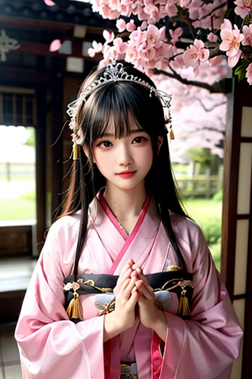 goddess　１２unlined kimono　The color is lustrous　upright　Joining hands in prayer　looking at the camera　Background is cherry blossoms　Front view　　tiara　Upper Body　big