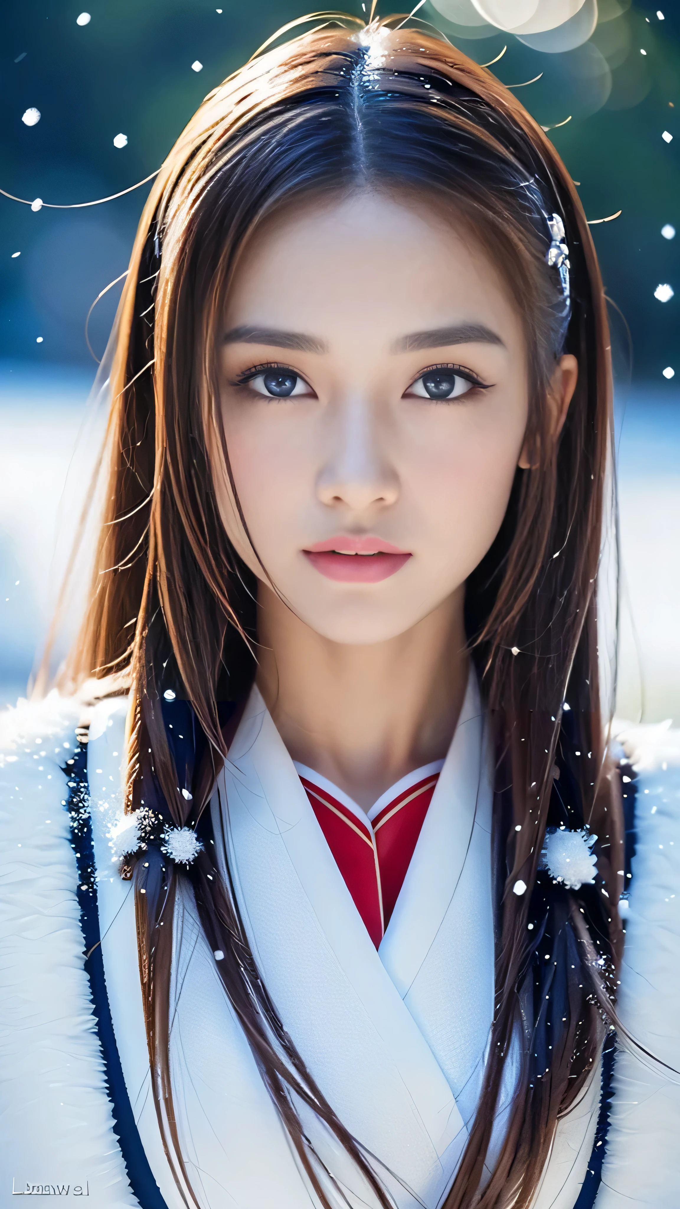 (highest quality, 8k, 32K,details are very clear),Realistic, High resolution, 1 Japanese Women, alone, (ta Costume),Gorgeous costumes,Facing the audience,(Upper Body,Upper limbs), Beautiful Eyes, brown hair, Ring-shaped eyes, (outside,Heavy snowfall,thick fur cape,Cover with snow),Snowfield,blue eyes,highest qualityのイラスト,Detailed facial features