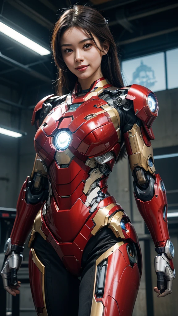 Textured skin, Super Detail, high details, High quality, Best Quality, hight resolution, 1080p, hard disk, Beautiful,(Iron Girl),Beautiful Smile,beautiful cyborg woman,Mecha Cyborg Girl,Battle Mode,Girl with a Mecha Body,She wears an Iron Man mech,A powerful cyborg woman, sleek and futuristic, with advanced mechanical augmentations that enhance her strength and capabilities