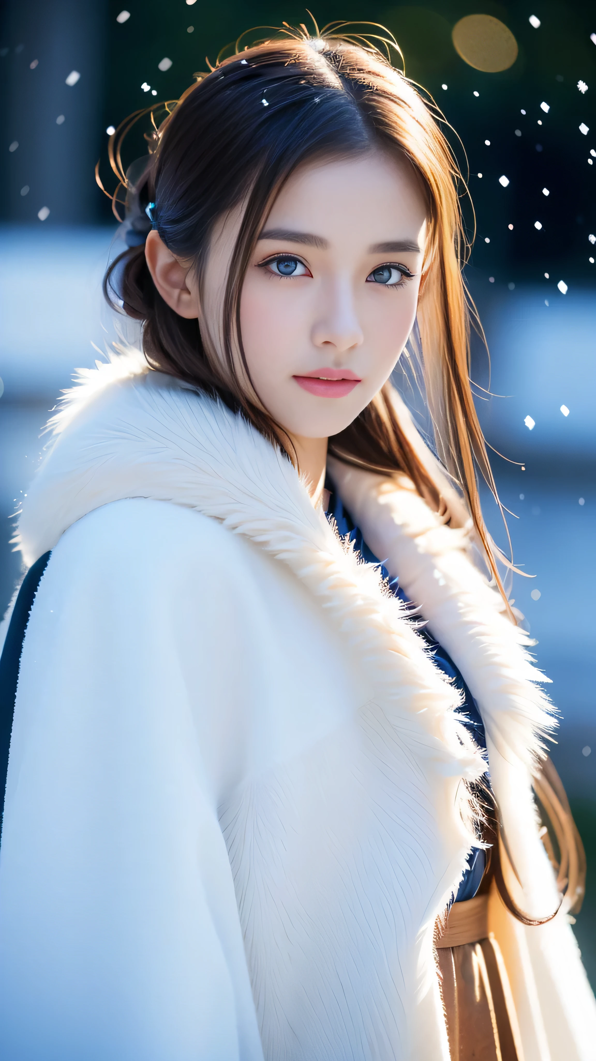 (highest quality, 8k, 32K,details are very clear),Realistic, High resolution, 1 Japanese Women, alone, (Lolita Costume),Gorgeous costumes,Facing the audience,(Upper Body,Upper limbs), Beautiful Eyes, brown hair, Ring-shaped eyes, (outside,Heavy snowfall,thick fur cape,Cover with snow),Snowfield,blue eyes,highest qualityのイラスト,Detailed facial features