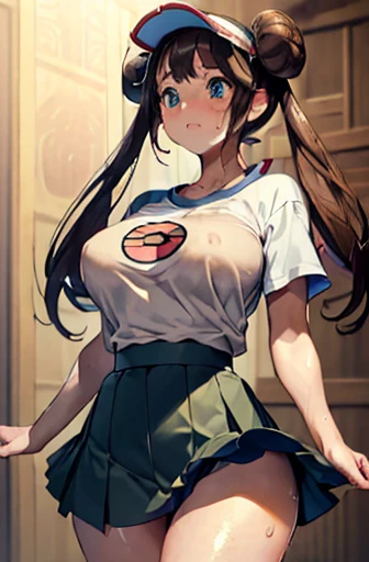 ((masterpiece:1.4)), ((最high quality:1.4)), ((masterpiece)), ((最high quality)), ((Intricate and detailed:1.4)), ((Super detailed)), 11-year-old female, Perfect body, Perfect clear skin, Surreal, Hyperrealism, Realistic, 超high quality, masterpiece, high quality, beautiful,T-Shirts,(((Nipples are visible))),(Sweat)),(Wet with water),((Long nipples)), Sexy Face, (Big eyes:1.3), beautiful目, Hyper Detail, Super detailedな目, cute, Tone it down a bit, fit, Sexy waist, Sexy Hips, Perfect Legs, Thigh Gap, To the camera, Rosa(Pokemon), 1 girl, alone,Double good, Hair Bun, Twin tails,Visor Cap,(((skirt))), Brown Hair,(Blunt bangs:1.1), blush, (体にfitした衣装、Tight outfit),indoor,((Against the backdrop of a medieval aristocratic mansion,playful nature:1.4))(Blurred Background:1.2), Detailed Background,(((沢山のSweat))),