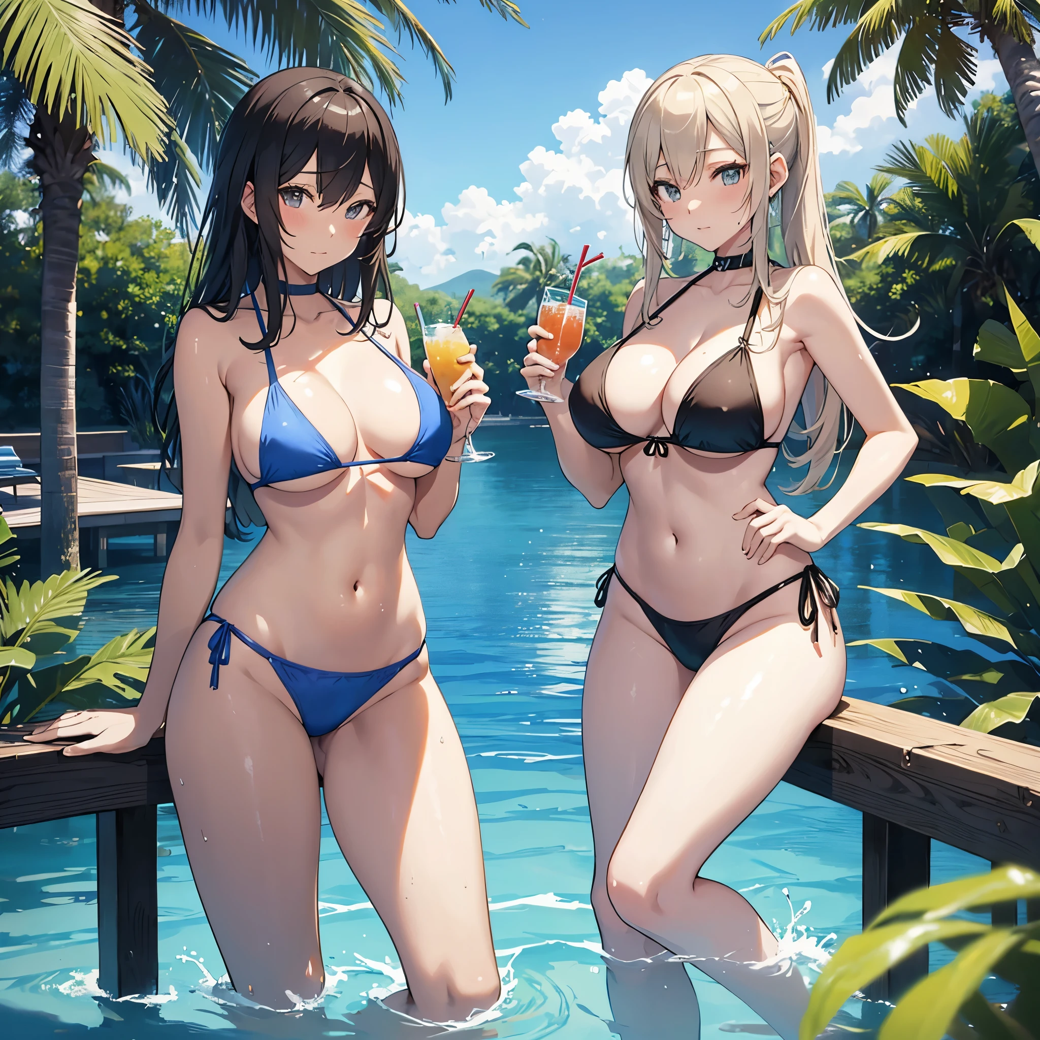 Two women in bikinis standing in pool drinking drinks, Anime Girls, two beautiful Anime Girls, Naughty, Realistic Bikini, wlop and sakimichan, seductive Anime Girls, Naughty anime style, shikamimi, Naughty style, tits proportions, tits, thick, Gweitz, Kantai Collection Style, Big Breasts