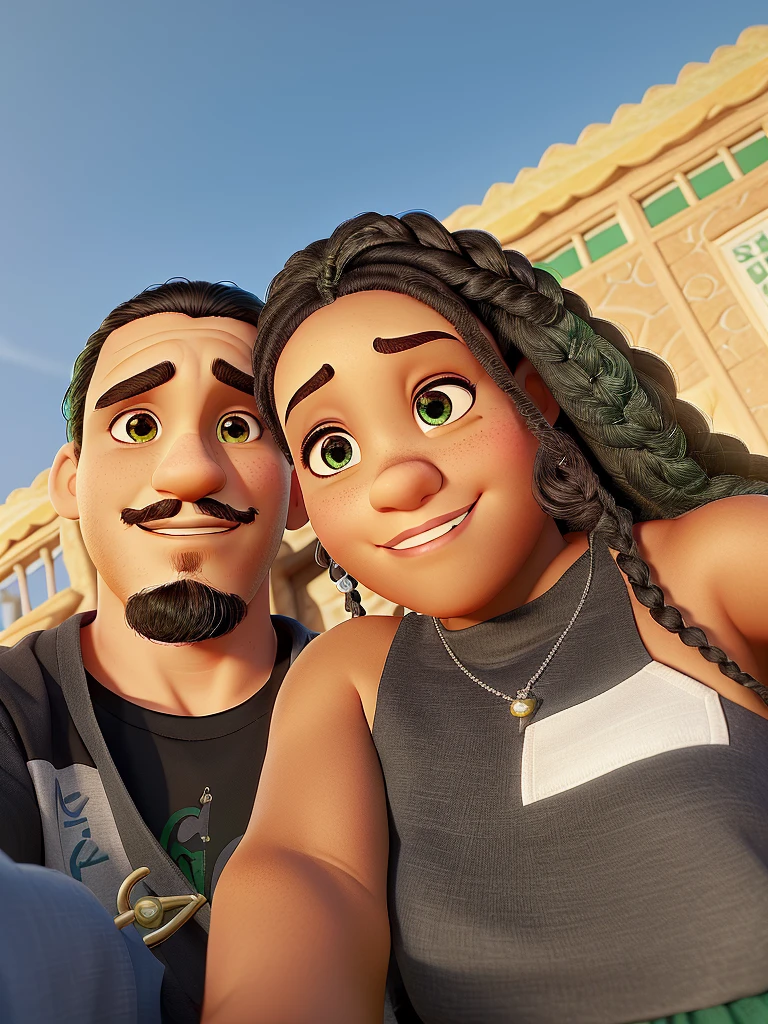 casal romantico, homem branco olhos verdes, cabelo curto penteado para o lado, bigode e cavanhaque, black t-shirt and BLACK woman BLACK EYES hair with braids, camisa regata feminina preta como os filmes da Disney Pixar ao fundo Hogwarts do filme Harry Potter