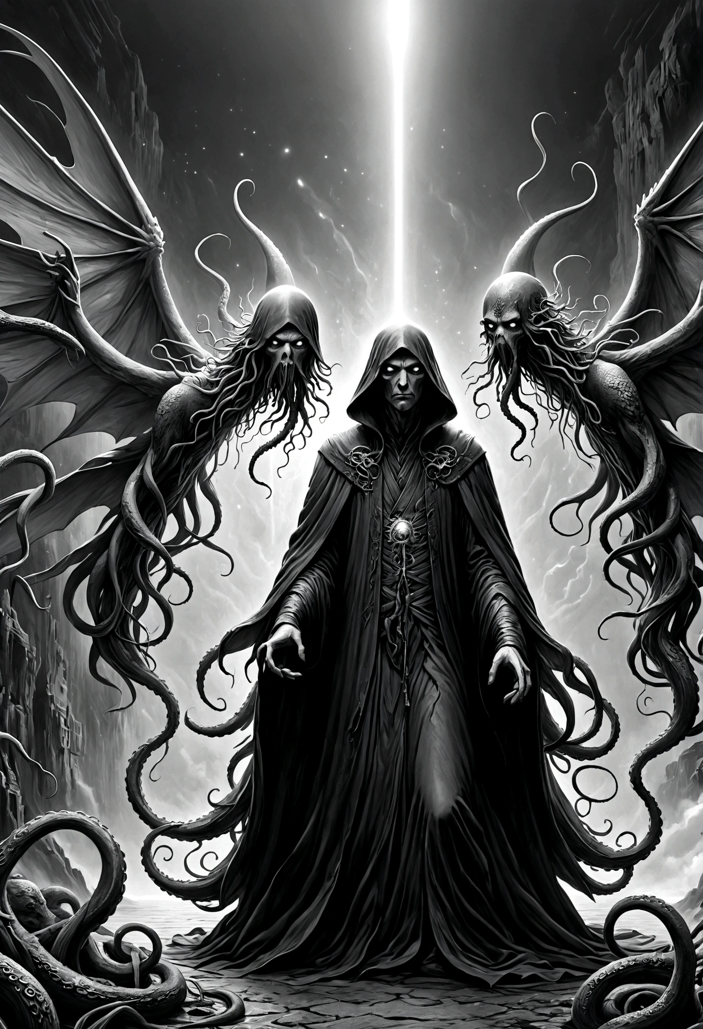 a terrifying ancient eldritch entity, cthulhu mythos, cosmic horror, long tentacles, wings, divine and demonic form, cloak, contrast, relativity, quantum mechanics, abyss, nightmarish existence, insane, bizarre, (best quality,4k,8k,highres,masterpiece:1.2),ultra-detailed,(realistic,photorealistic,photo-realistic:1.37),dark moody atmosphere, cinematic lighting, dramatic shadows, muted colors, chiaroscuro，Transition from black and white on the left half to bright colors on the right half，Ensure seamless integration between the two halves，No dividing line，The scene is the same on both sides，Black and white pencil detail on left side，Right fill color，The mixture formed in the whole image，Perfect details, animation art style, Large murals, Strong contrast between light and dark