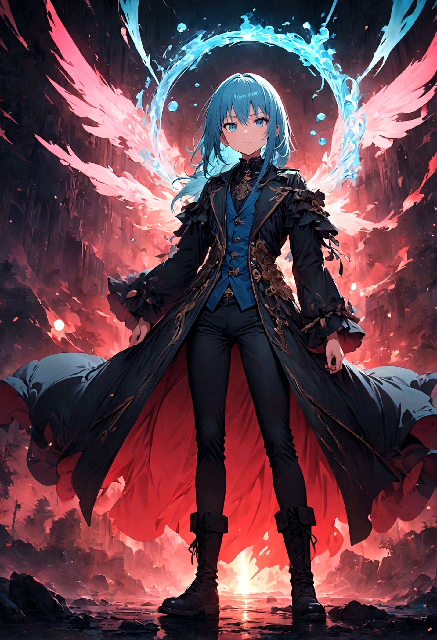 1 teenager,Rimuru Tempest,Create an image of Rimuru Tempest from the manga and anime 'That Time I Got Reincarnated as a Slime'. Rimuru has blue hair and blue eyes, and is often depicted in a stylish outfit, such as a black coat and boots. Show him in a friendly and calm demeanor, exuding both strength and wisdom. He can be in a relaxed standing pose or in the middle of using magic, with a confident expression. The background should depict a fantasy world, possibly a lush forest or a beautiful landscape. For battle scenes, include a grand battlefield or magical effects. Add special effects like magical energy, light, or wind to emphasize his abilities. Highlight his aura and the dramatic atmosphere.,(masterpiece:1.3),(highest quality:1.4),(Super detailed:1.5),High resolution,Very detailed,unity 8k wallpaper,