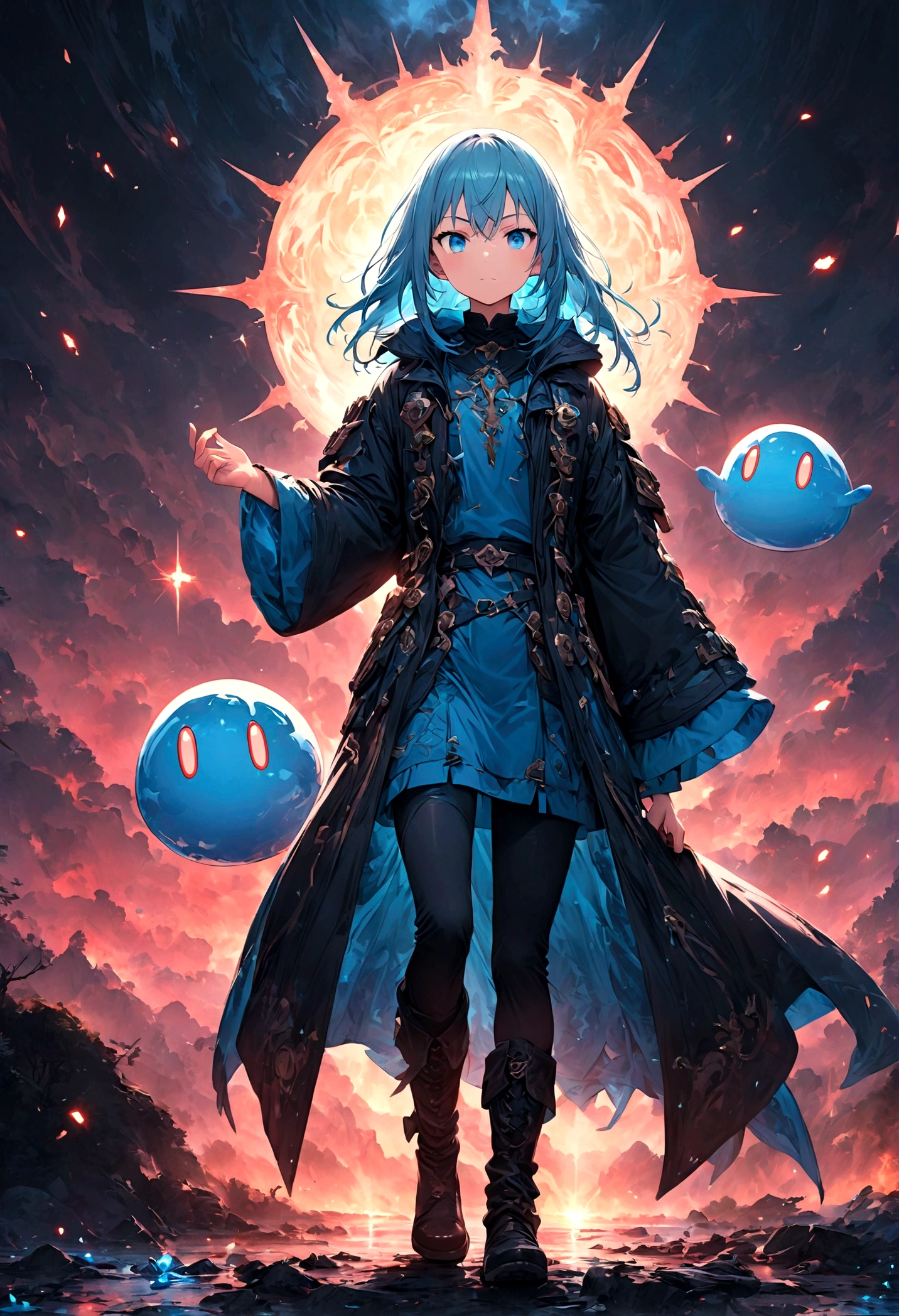 1 teenager,Rimuru Tempest,Create an image of Rimuru Tempest from the manga and anime 'That Time I Got Reincarnated as a Slime'. Rimuru has blue hair and blue eyes, and is often depicted in a stylish outfit, such as a black coat and boots. Show him in a friendly and calm demeanor, exuding both strength and wisdom. He can be in a relaxed standing pose or in the middle of using magic, with a confident expression. The background should depict a fantasy world, possibly a lush forest or a beautiful landscape. For battle scenes, include a grand battlefield or magical effects. Add special effects like magical energy, light, or wind to emphasize his abilities. Highlight his aura and the dramatic atmosphere.,(masterpiece:1.3),(highest quality:1.4),(Super detailed:1.5),High resolution,Very detailed,unity 8k wallpaper,