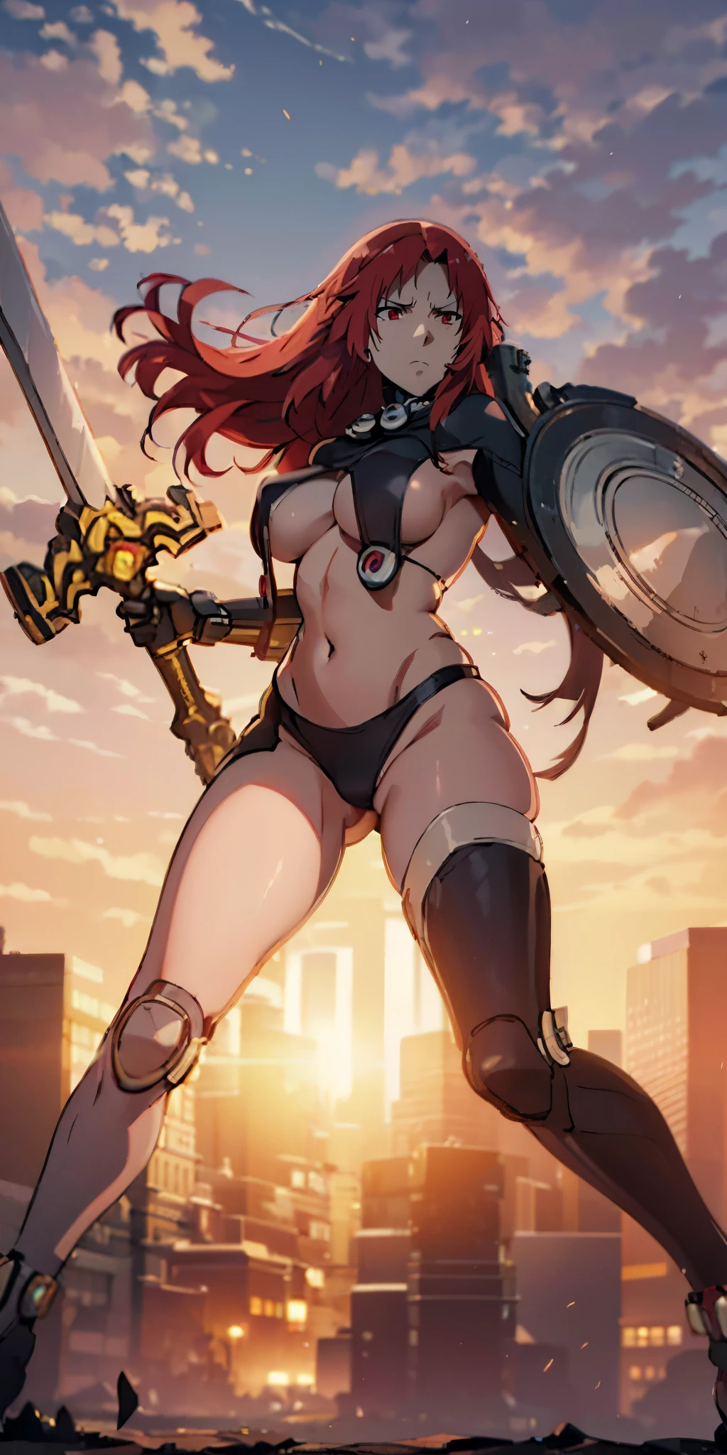 (red hair, long hair:1.3), red eyes, very long hair, curvy, heavy breathing, huge breasts, epic art, fantasy, breast press, 1girl, solo, breasts, outfit-gantz, latex breast curtains,  sword, holding sword, (shield:.13), holding shield, field, bokeh, hair flowing over, white_legwear, (shaded face:1.2), hollow eyes, red eyes, looking at viewer, (heavy breathing:1.2), expressionless, glaring eyes, 