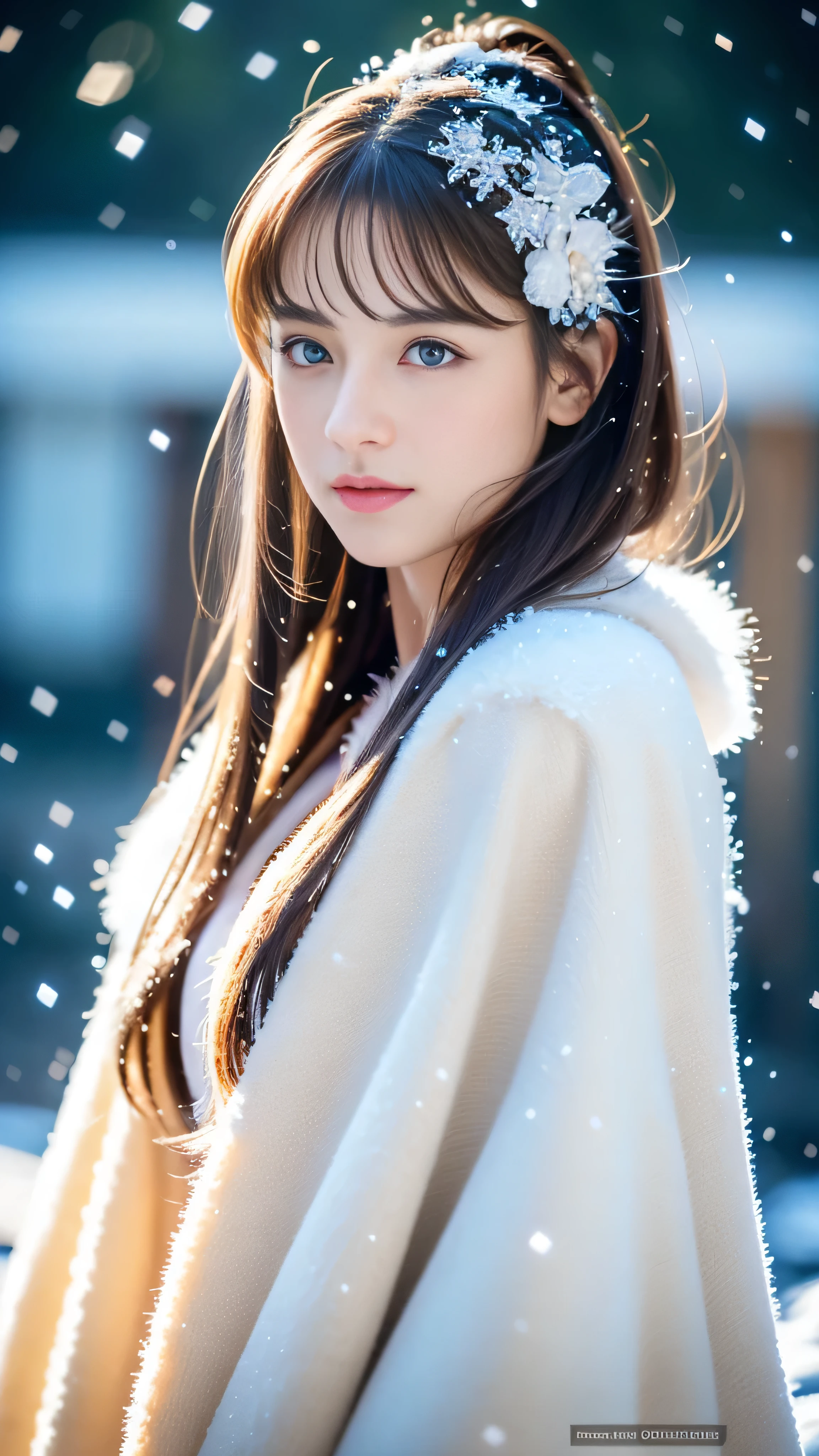 (highest quality, 8k, 32K，details are very clear),Realistic, High resolution, 1 Japanese Women, alone, (Lolita Costume)，Gorgeous costumes，Facing the audience，(Upper Body，Upper limbs)， Beautiful Eyes, brown hair, Ring-shaped eyes, (outside，Heavy snowfall，thick fur cape，Cover with snow)，Snowfield，blue eyes，highest qualityのイラスト，Detailed facial features