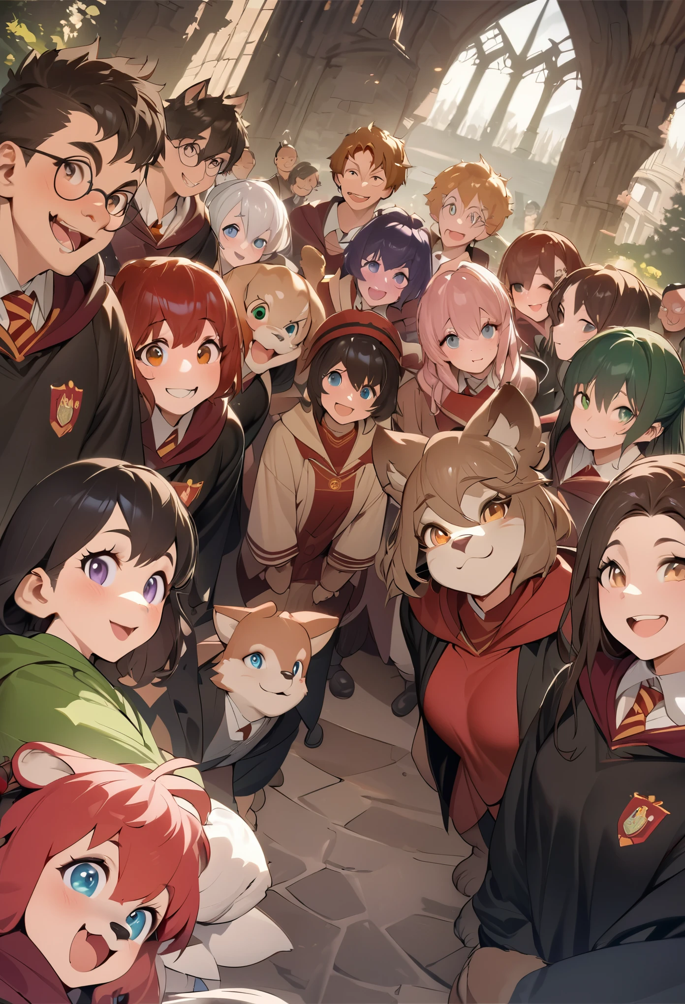 dynamic angle, top quality, best quality, High-quality illustrations, masterpiece, super high resolution, detailed background, detailed background, Harry Potter series, group shot:0.1, 6+boys, 6+girls, Happy, joyful, absurdres(highly detailed beautiful face and eyes)perfect anatomy(kemono, furry anthro),