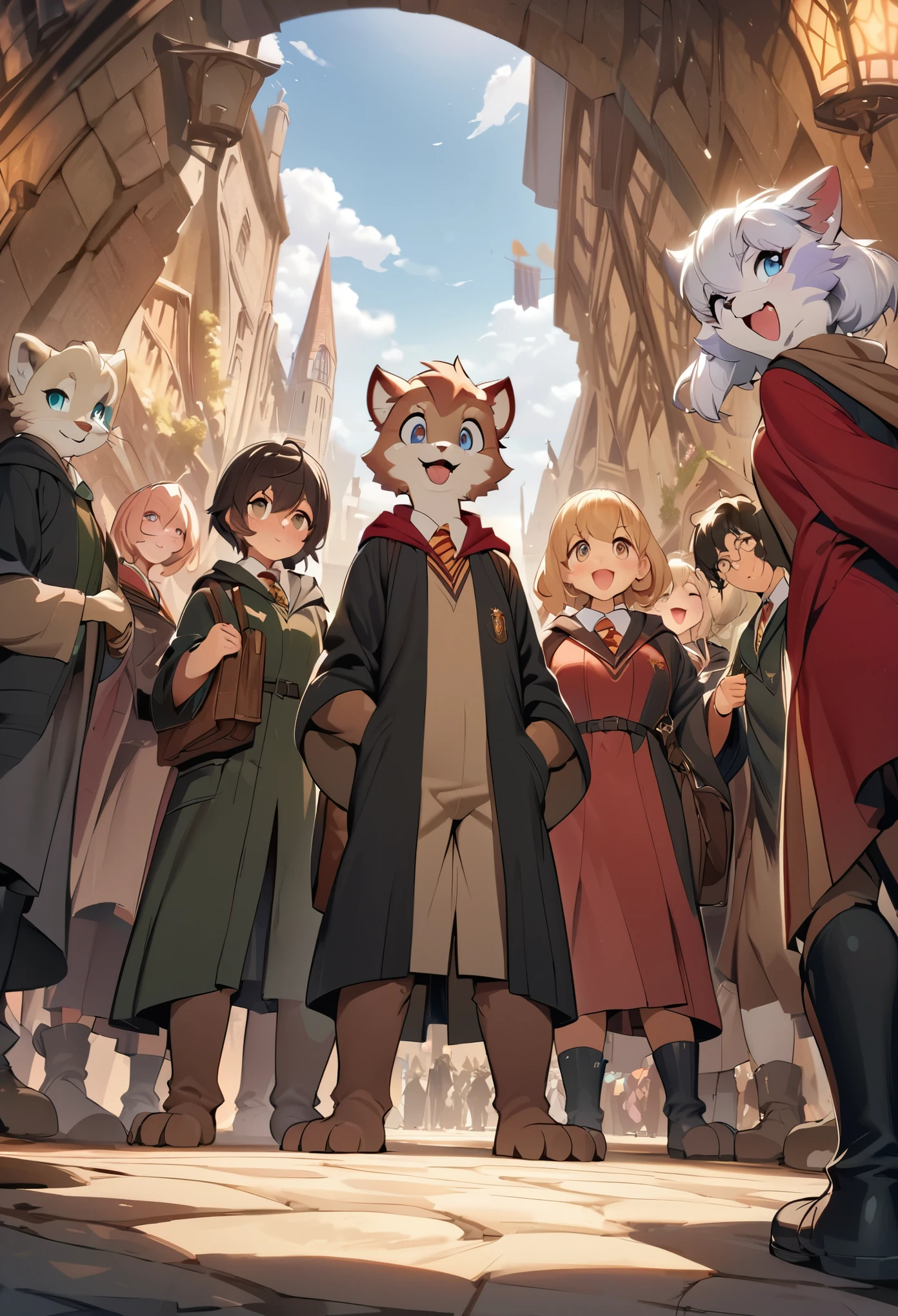 dynamic angle, top quality, best quality, High-quality illustrations, masterpiece, super high resolution, detailed background, detailed background, Harry Potter series, group shot:0.1, 6+boys, 6+girls, Happy, joyful, absurdres(highly detailed beautiful face and eyes)perfect anatomy(kemono, furry anthro),