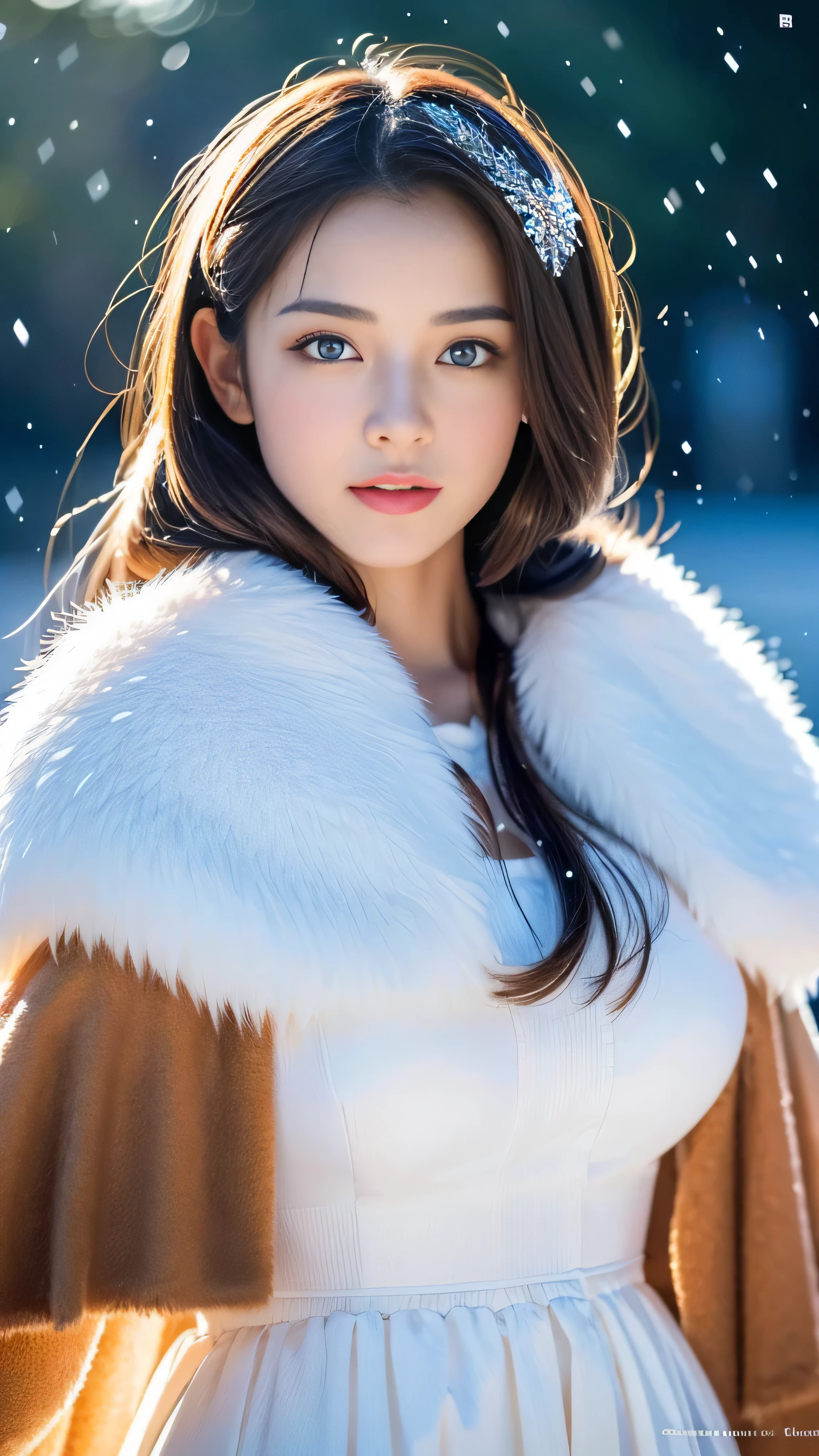 (highest quality, 8k, 32K,details are very clear),Realistic, High resolution, 1 Japanese Women, alone, (ta Costume),Gorgeous costumes,Facing the audience,(Upper Body,Upper limbs), Beautiful Eyes, brown hair, Ring-shaped eyes, (outside,Heavy snowfall,thick fur cape,Cover with snow),Snowfield,blue eyes,highest qualityのイラスト,Detailed facial features