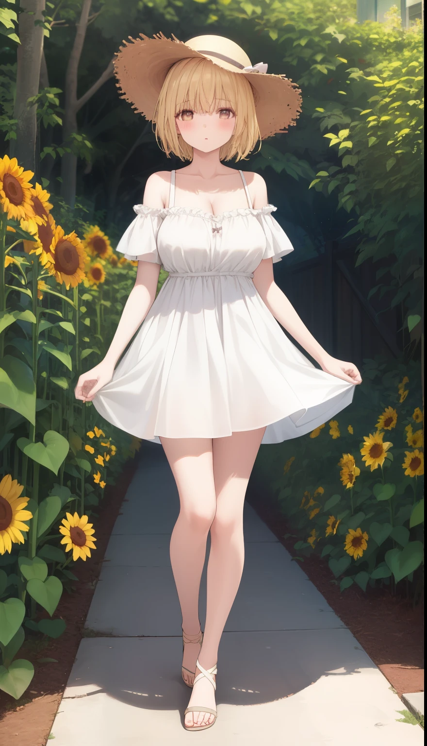 One Girl、Blonde、positive、Standing posture、Full body portrait、Medium Haircut、blush、Absolute area、No panties、No bra、barefoot、White dress、Off-the-shoulder dress、（Very large breasts）、Cleavage、((Lesbians around the world))、masterpiece、（highest quality）、barefoot、White Sandals、Bare your breasts、sunflower、Outdoor、Very short skirt、Thighs、Straw hat