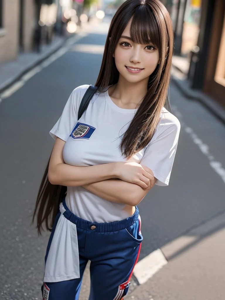 (8k, RAW Photos, highest quality, masterpiece:1.2), (Realistic, photo-Realistic:1.4), (Highly detailed 8k wallpaper), ((Full Body Shot)), (1 girl), Sharp focus, Depth of written boundary, Cinematic lighting, Soft Light, 緻密な美しさのeye, eye_Chan, Very beautiful 17 year old girl, innocent big eyes, Realistic, photo Realistic, Highly detailed cute girl, (Thin thighs), (Model Body Type), 18-year-old, (((England national soccer team jersey))), (Cargo long pants), (((Fold your arms in front of your chest and act arrogantly))), ((A happy smile)), Parted lips, Watching the audience, (On the streets of New York) , (Brown Hair),（Long Bob Hair), (Asymmetrical bangs)