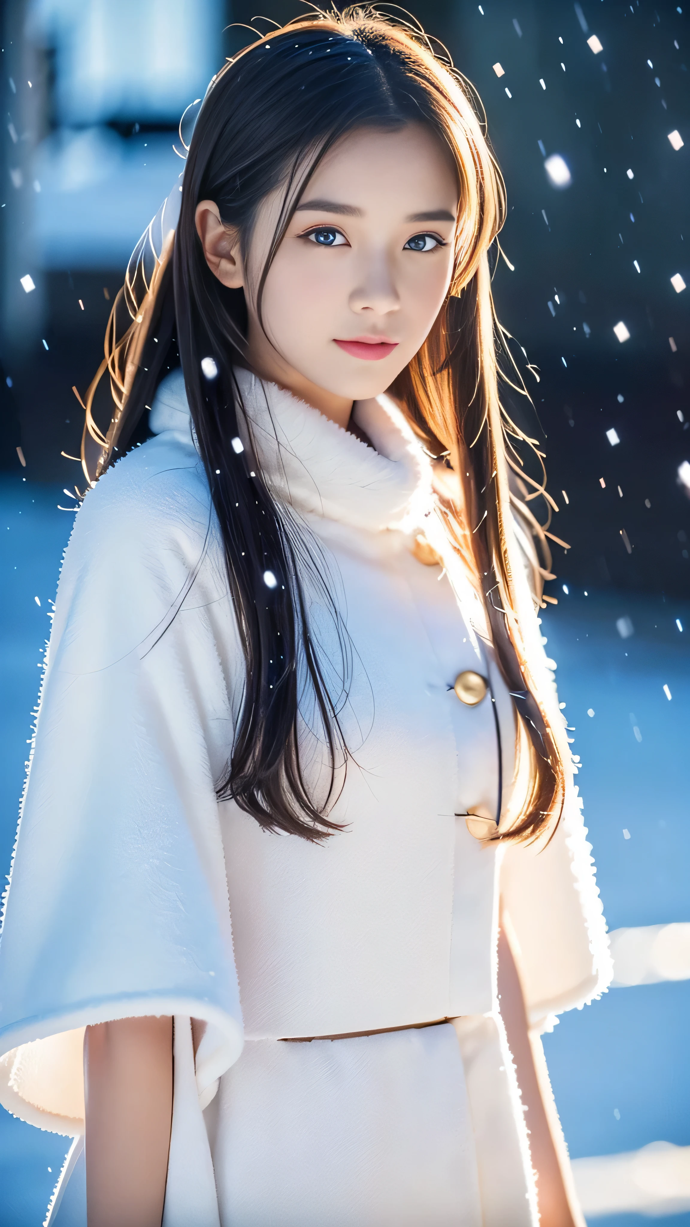 (highest quality, 8k, 32K,details are very clear),Realistic, High resolution, 1 Japanese Women, alone, (Lolita Costume),Gorgeous costumes,Facing the audience,(Upper Body,Upper limbs), Beautiful Eyes, brown hair, Ring-shaped eyes, (outside,Heavy snowfall,thick fur cape,Cover with snow),Snowfield,blue eyes,highest qualityのイラスト,Detailed facial features