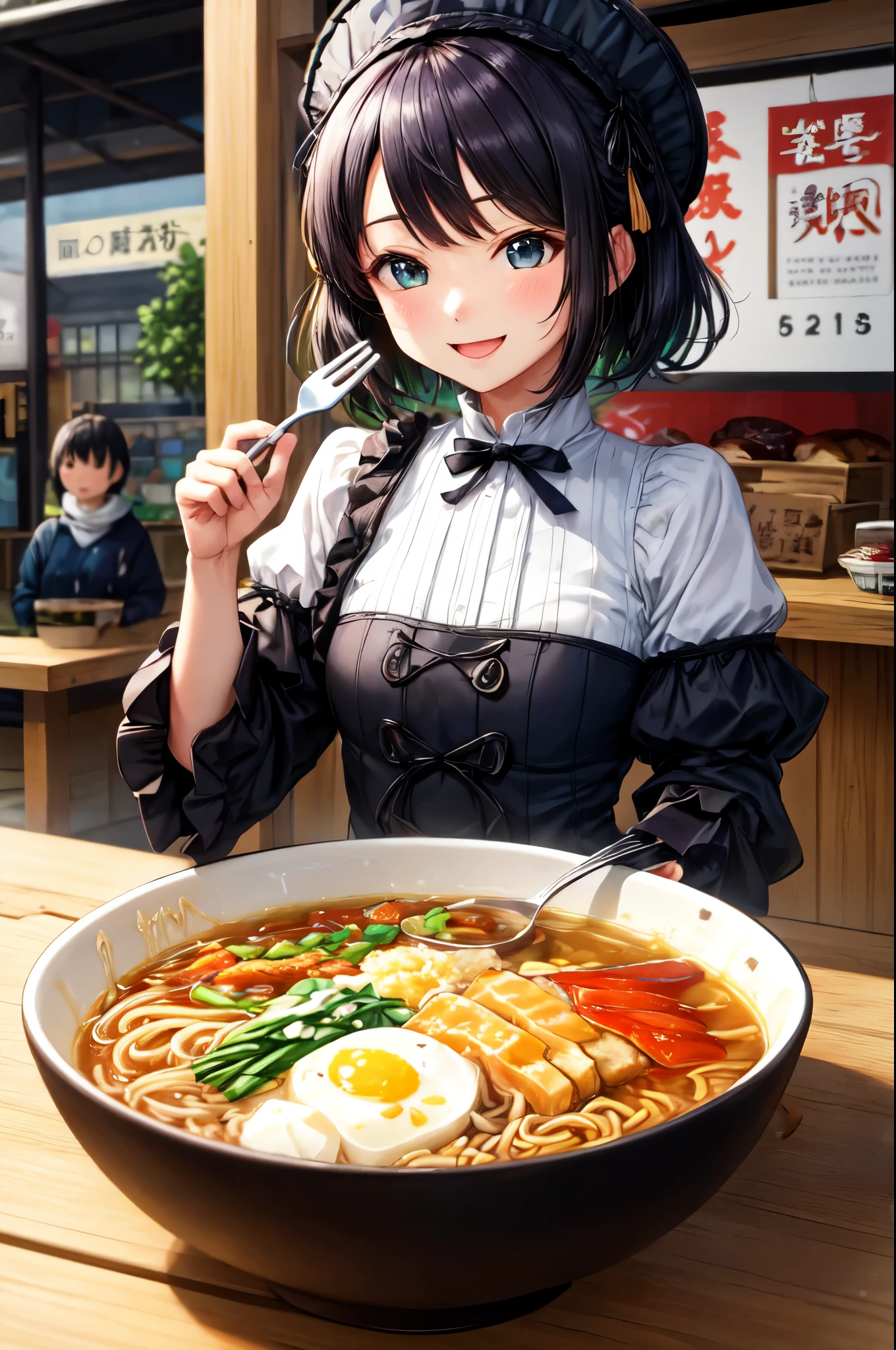 Ramen、、Open your mouth、Holding a fork、Black Hair、Short Bob、Gothic Lolita、Put your hand on the boat、smile、smile、Inside the store、Ramen鉢から麺をフォークで伸ばしている、