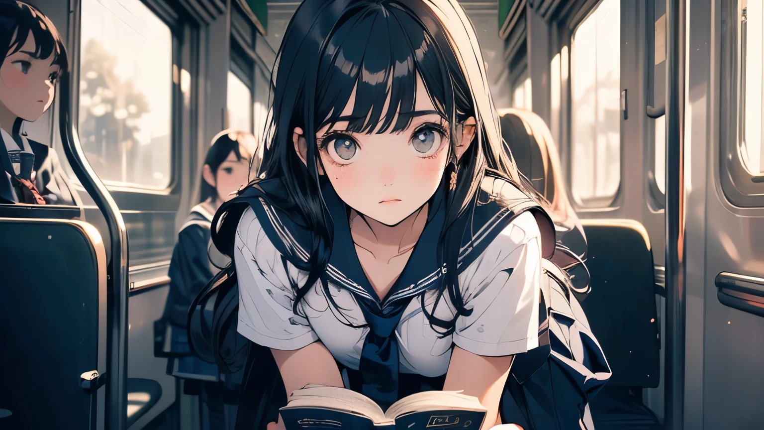 ((Beautiful schoolgirl:1.5),High resolution, highest quality),Wearing a sailor uniform,Super detailed, Big bright eyes, dark and brilliant curly hair, Sad look, Rosy Cheeks, Soft Light, Pure white background.  riding a train,Reading a book,whole body,Attractive legs,whole body,Crouching
