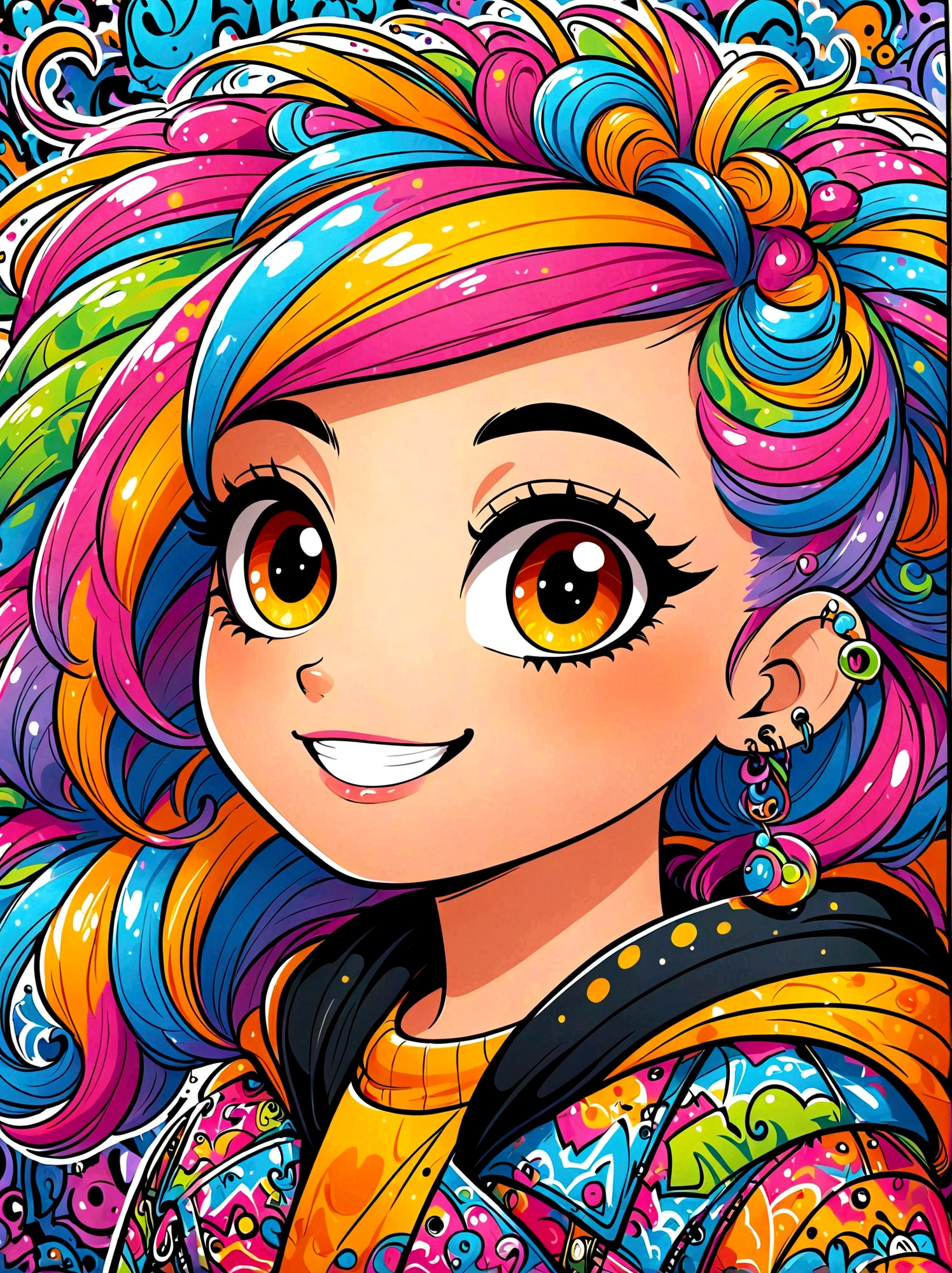 (masterpiece，Best quality:1.2)，Graffiti style，Cartoon Characters，Vector illustration，1girl，solo，side，Large and expressive eyes，Friendly Smile，Gorgeous clothes，Colorful hair，Unique and wild hairstyle，站在Graffiti style的背景前，Add whimsy to the scene