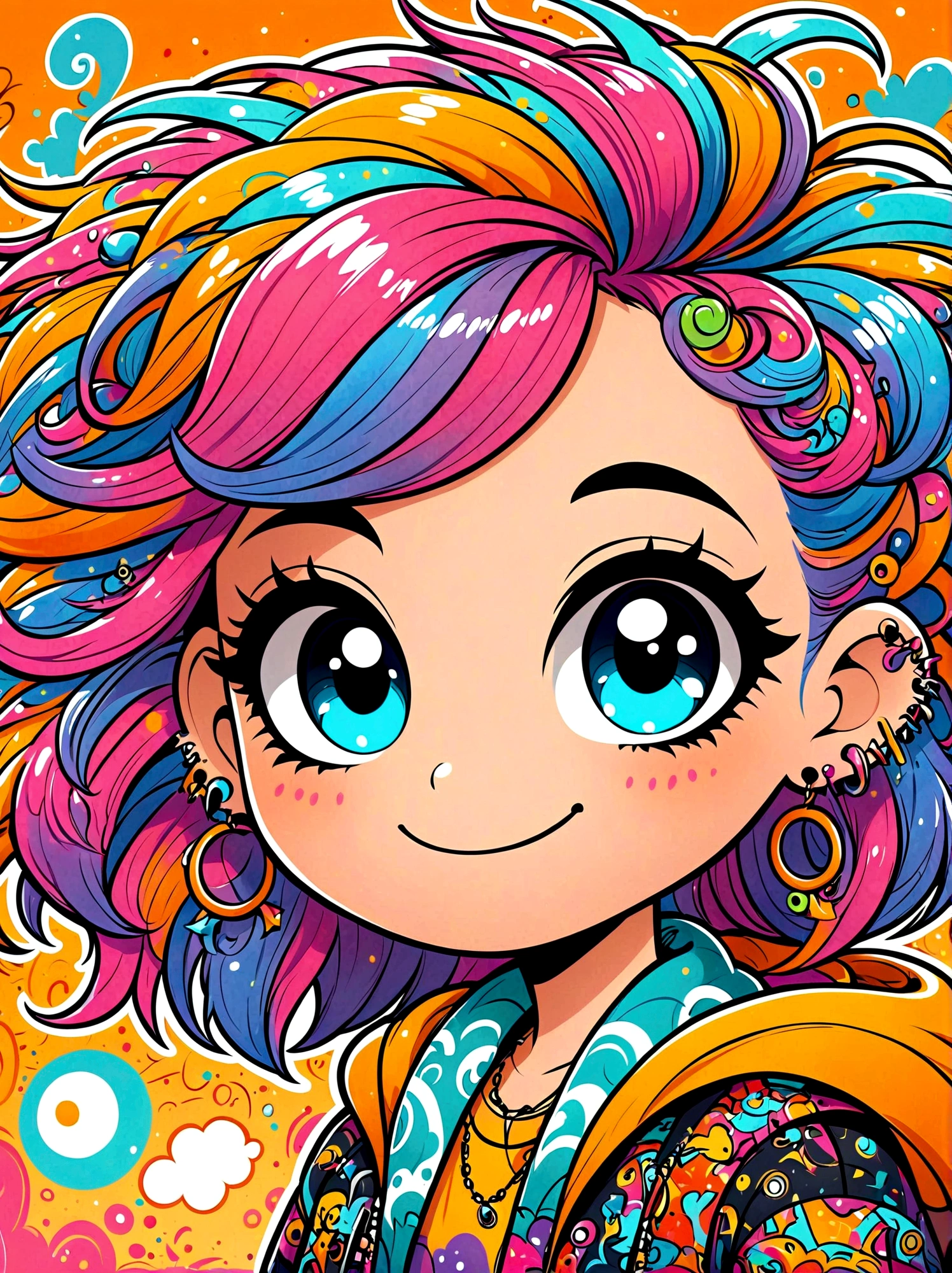 (masterpiece，Best quality:1.2)，Graffiti style，Cartoon Characters，Vector illustration，1girl，solo，side，Large and expressive eyes，Friendly Smile，Gorgeous clothes，Colorful hair，Unique and wild hairstyle，站在Graffiti style的背景前，Add whimsy to the scene