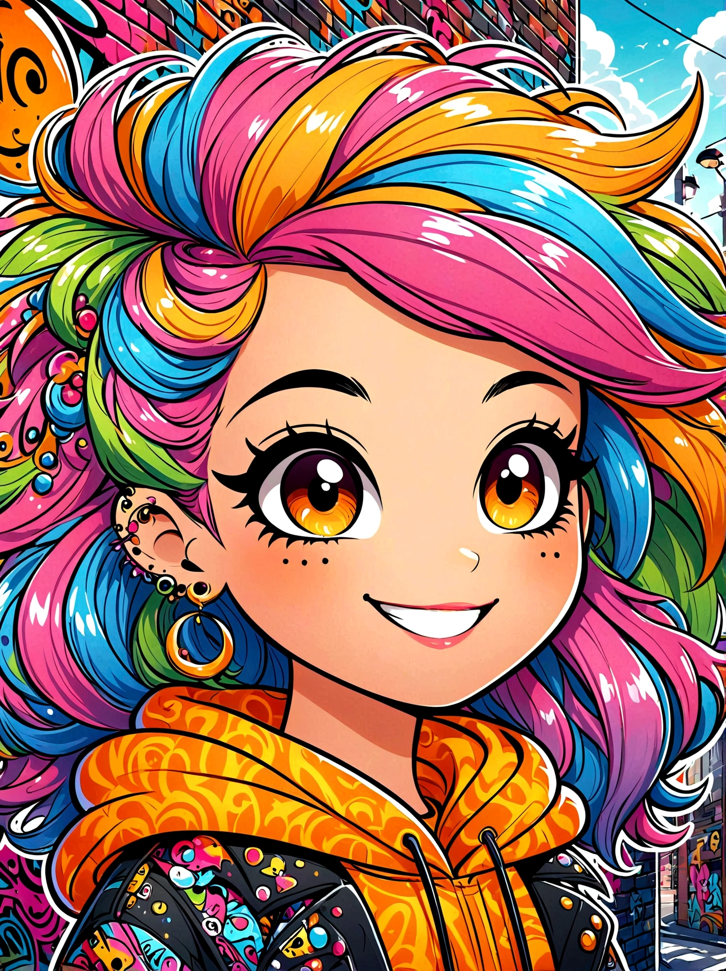 (masterpiece，Best quality:1.2)，Graffiti style，Cartoon Characters，Vector illustration，1girl，solo，side，Large and expressive eyes，Friendly Smile，Gorgeous clothes，Colorful hair，Unique and wild hairstyle，站在Graffiti style的背景前，Add whimsy to the scene