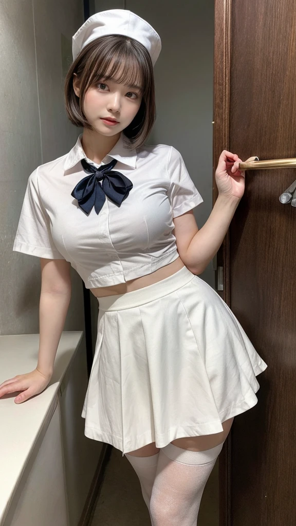 masterpiece, best quality, illustration, Super detailed, fine details, High resolution, 8K,wall paper, perfect dynamic composition,(Details High quality, realistic depiction of eyes:1.3), Hospital Rooms、White nurse cap、White tights、White nurse uniform、to stand、Hand skirt、Flipping up a white skirt, large breasts,short bob hair, black hair color, Big Natural Color Lip, bold sexy pose, crying a little、Harajuku style、20 year old girl、cute type、lolita、beautiful legs, hposing Gravure Idol