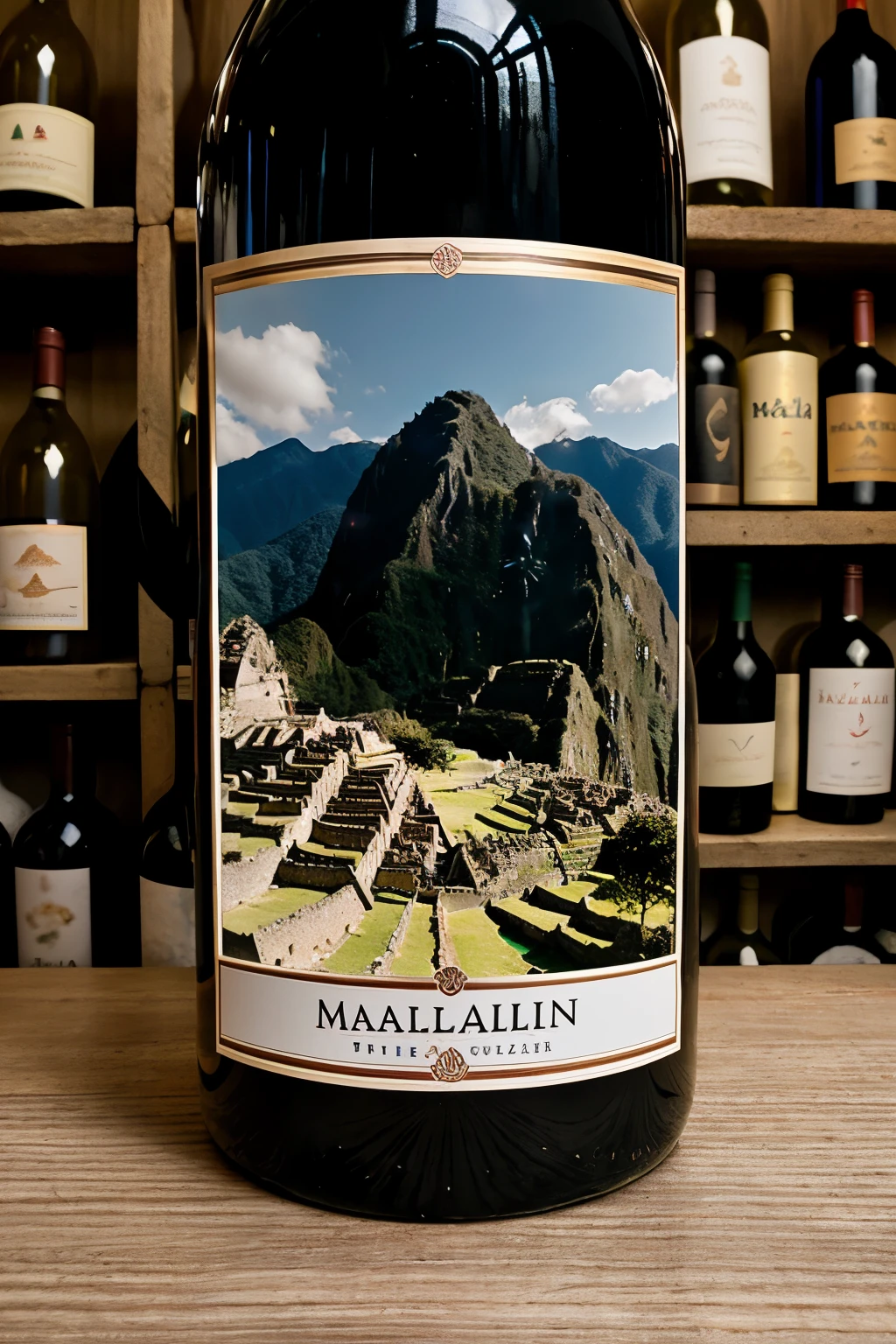 wine label and bottle design (Intipalka Malbec ) de Machu Picchu, the Amazon rainforest and the Nazca Lines. And at the top the mountain of 7 colors 