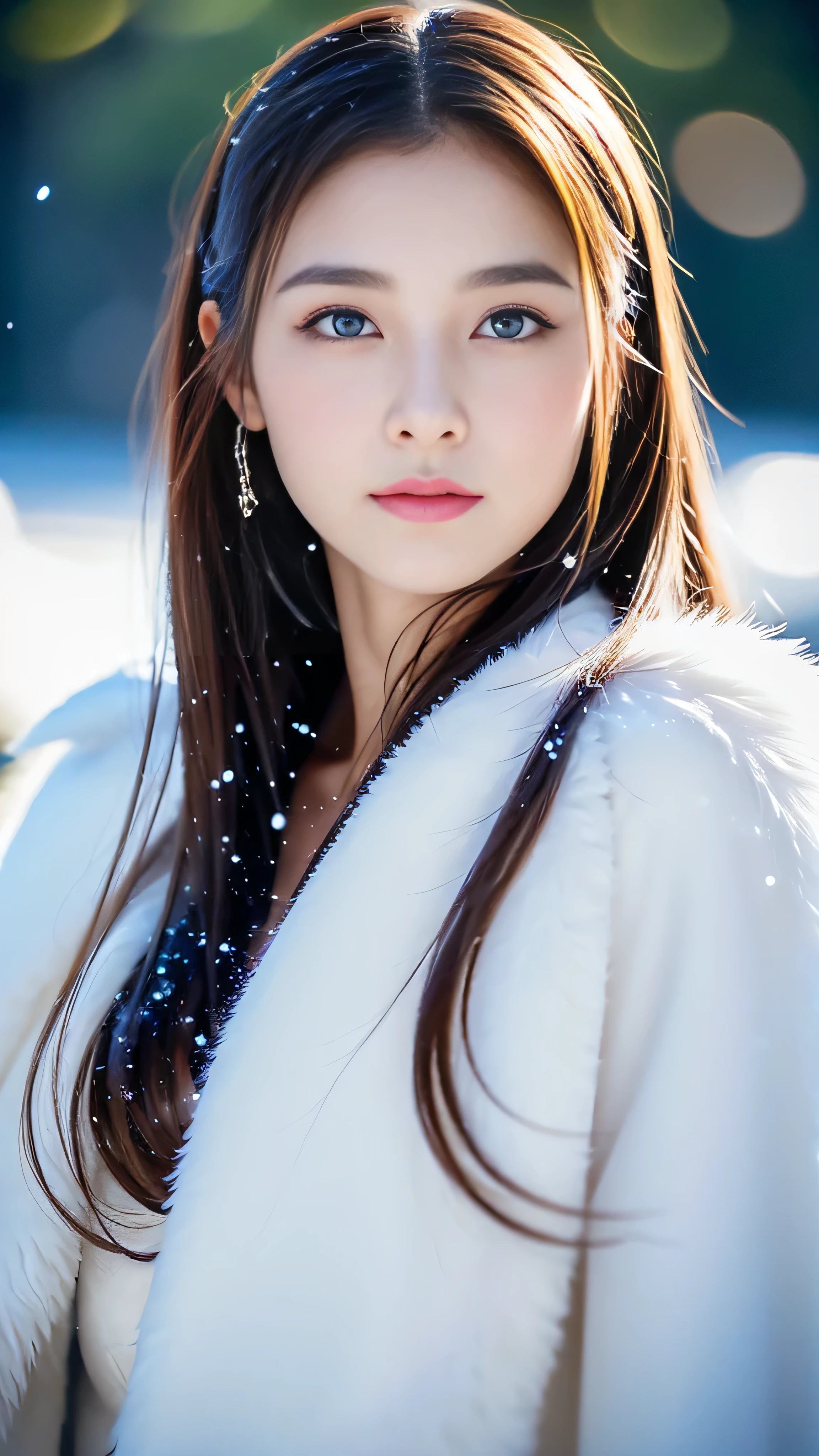 (highest quality, 8k, 32K，details are very clear),Realistic, High resolution, 1 Japanese Women, alone, (Lolita Costume)，Gorgeous costumes，Facing the audience，(Upper Body，Upper limbs)， Beautiful Eyes, brown hair, Ring-shaped eyes, (outside，Heavy snowfall，thick fur cape，Cover with snow)，Snowfield，blue eyes，highest qualityのイラスト，Detailed facial features