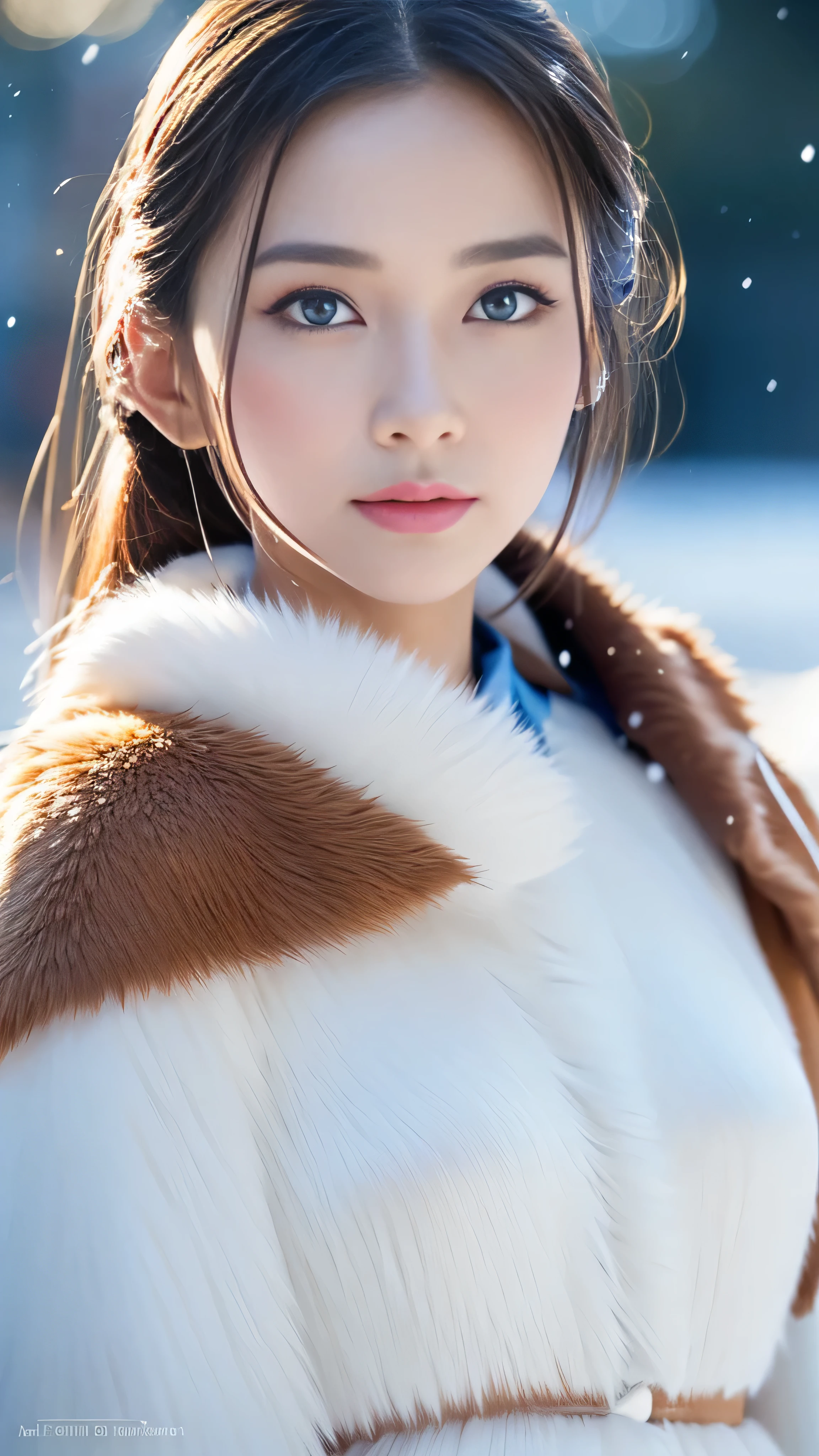 (highest quality, 8k, 32K，details are very clear),Realistic, High resolution, 1 Japanese Women, alone, (Lolita Costume)，Gorgeous costumes，Facing the audience，(Upper Body，Upper limbs)， Beautiful Eyes, brown hair, Ring-shaped eyes, (outside，Heavy snowfall，thick fur cape，Cover with snow)，Snowfield，blue eyes，highest qualityのイラスト，Detailed facial features