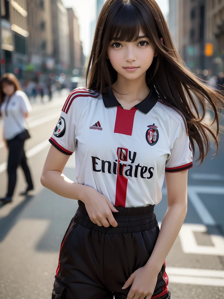 (8k, RAW Photos, highest quality, masterpiece:1.2), (Realistic, photo-Realistic:1.4), (Highly detailed 8k wallpaper), ((Full Body Shot)), (1 girl), Sharp focus, Depth of written boundary, Cinematic lighting, Soft Light, 緻密な美しさのeye, eye_Chan, Very beautiful 17 year old girl, innocent big eyes, Realistic, photo Realistic, Highly detailed cute girl, (Thin thighs), (Model Body Type), 18-year-old, (((AC Milan soccer jersey))), (Cargo long pants), (((Fold your arms in front of your chest and act arrogantly))), ((A happy smile)), Parted lips, Watching the audience, (On the streets of New York) , (Brown Hair),(Long Bob Hair), (Asymmetrical bangs)