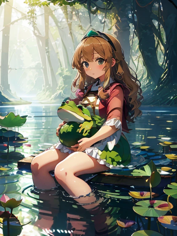 Beautiful river and big lotus leaves in the forest,The plants around her are many times larger than the girl..,lotus leaf boat,A little dwarf girl is riding on a lotus leaf boat。,Princess Oyayubi,fluffy voluminous hair,Pretty Princess,lightbrown hair,fluffy pink, white and red princess dress,Slight red tide,Kamimei,frog is swimming in the water,little fairy flying around,Sparkling water surface and light