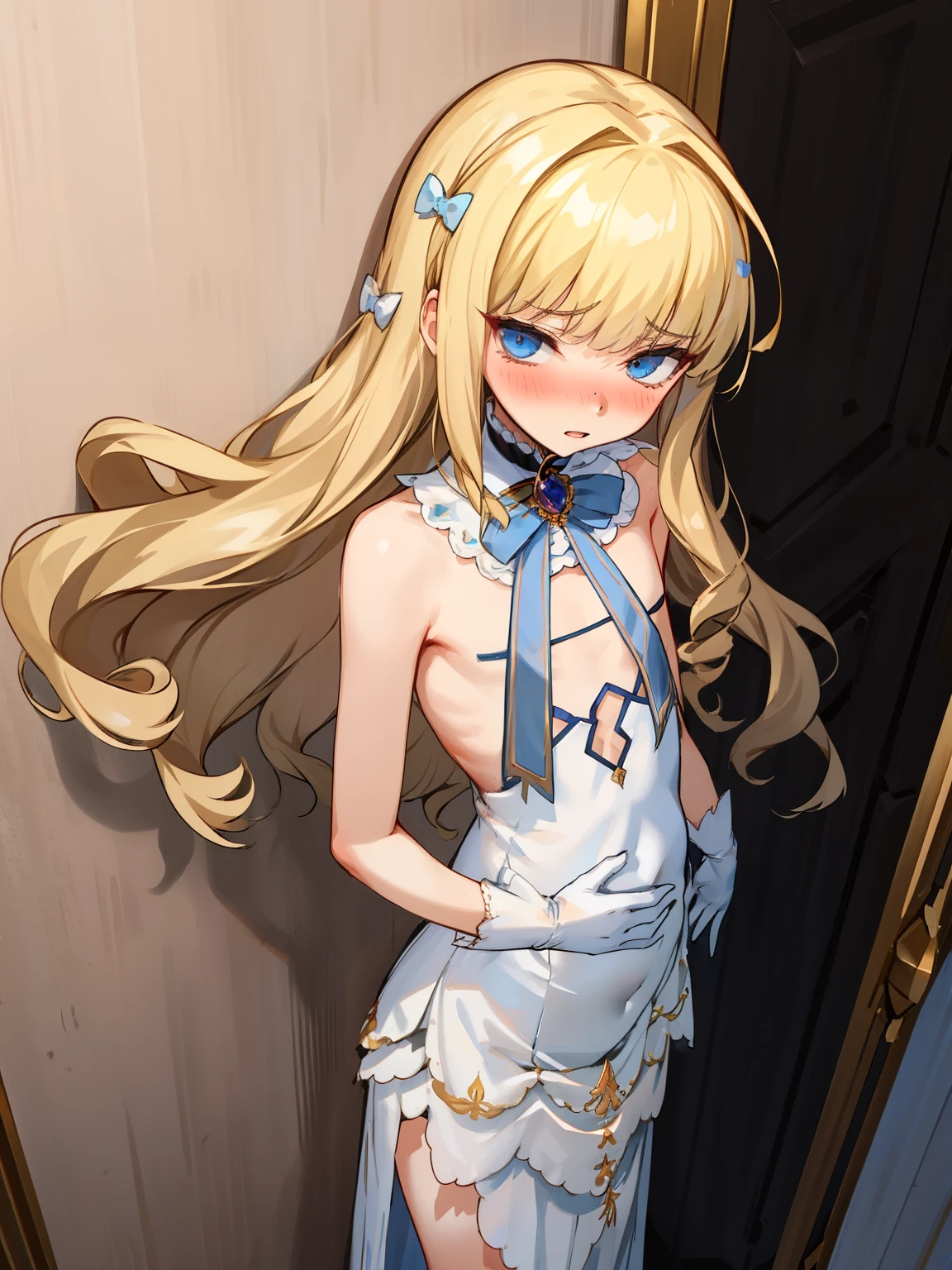 eqlc, 1girl, long hair, solo,  naked body, evening dress(ornate dress), long dress, blonde hair, blue eyes, white gloves,lovely small breasts, flat chest, bow, bangs, covered navel, detached collar, a weary face,parted lips, nose blush, blush,facing viewer, looking at viewer, in the livingroom, wall, kabedon pov, kabedon against wall, standing, ,Sexy waist teasing, top view 