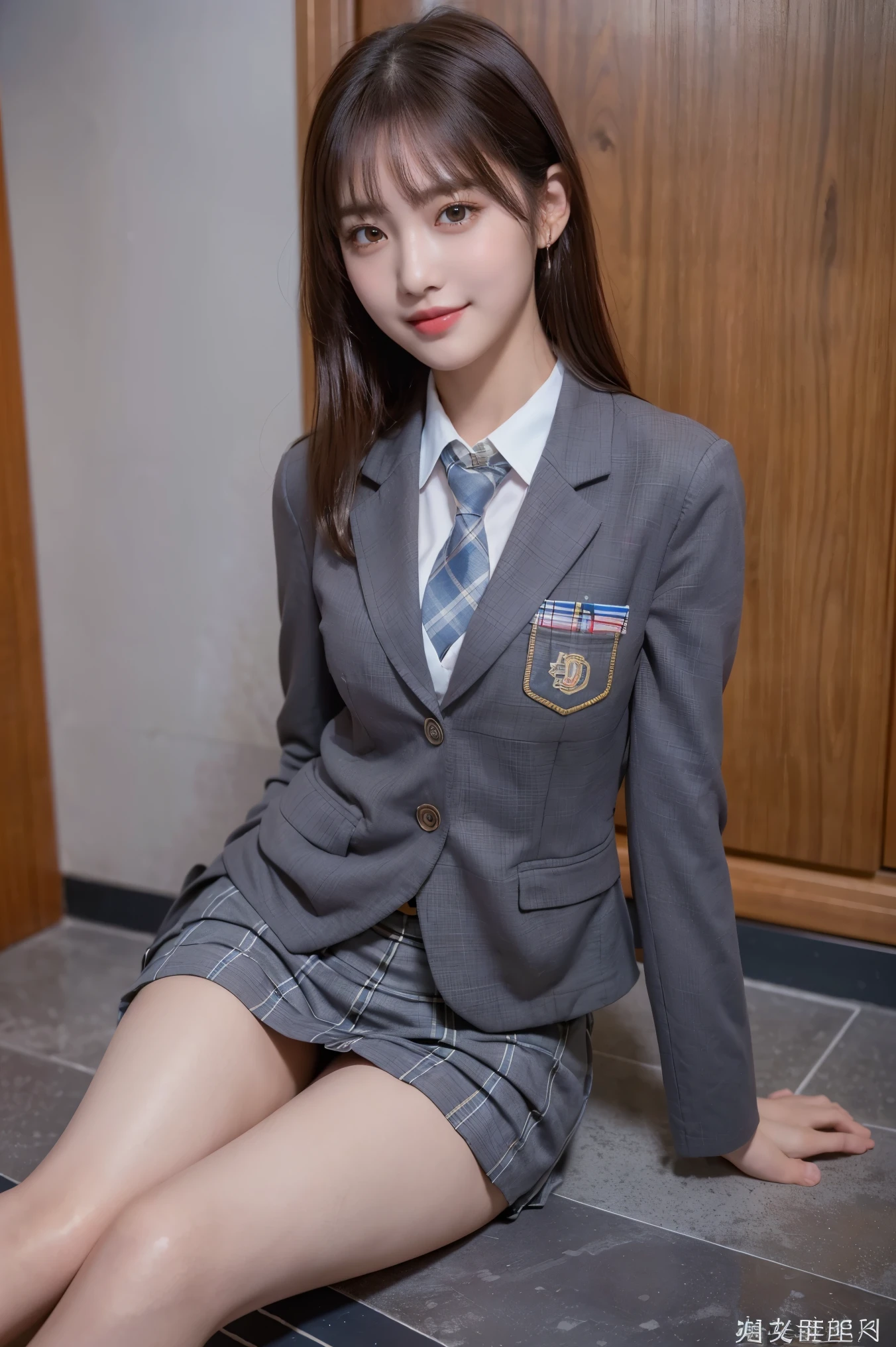 (8k), (highest quality: 1.2), (Realistic), (Realistic: 1.37), Ultra-high resolution, (1 girl), cute, blush,Embarrassed smile, Beautiful details, Beautiful Nose, straight Hair, Giant Dulcefo, pork, Thighs,Self Snap,University Uniforms,(A simple dark brown blazer:1.4),(Pleated skirt:1.2),(The skirt and tie are gray tartan check pattern.:1.3),(Sitting:1), Sit on the ground,(Hold my feet:1),(Shiny legs:1.2),from the front,knees