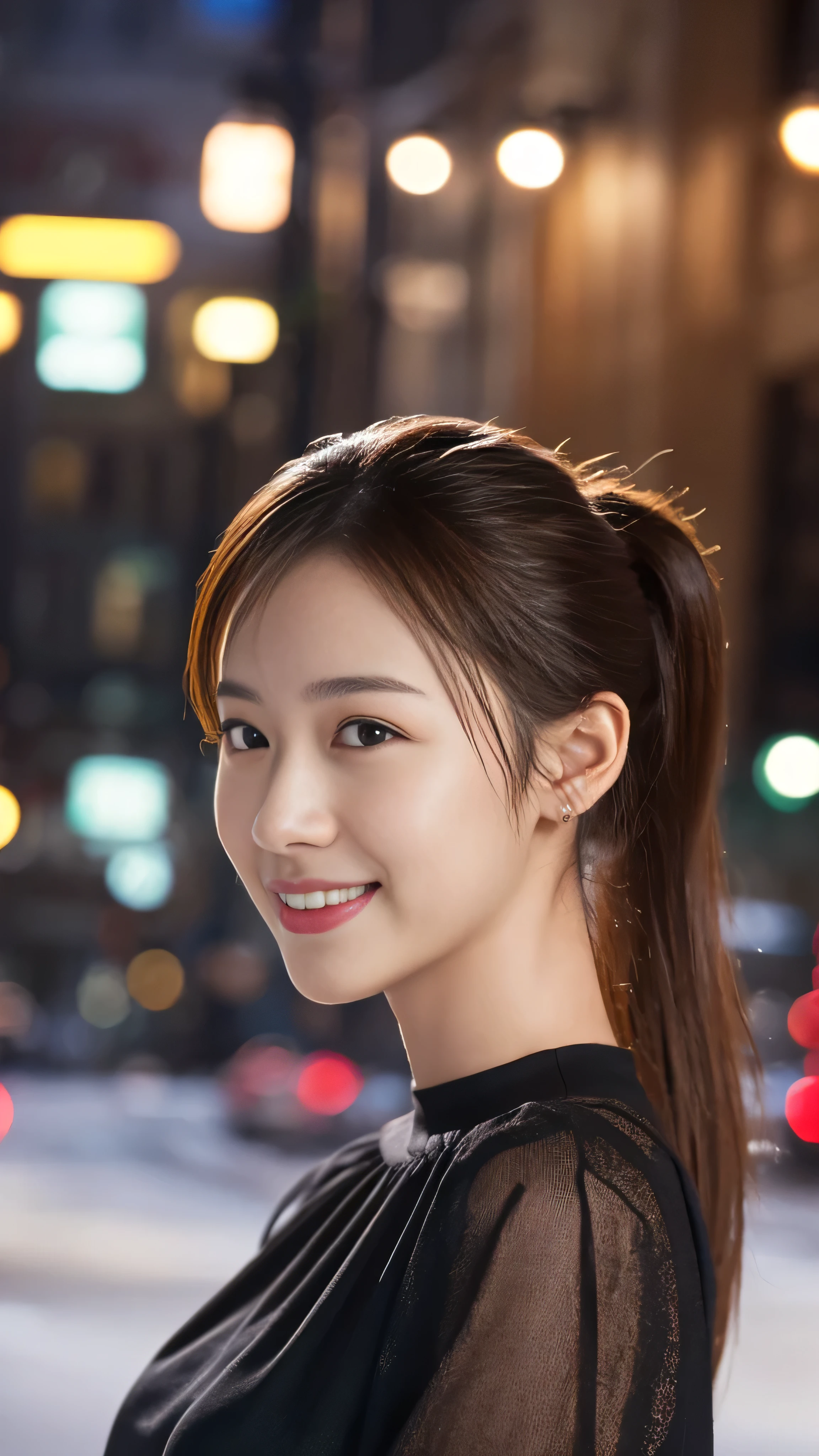 1 girl, (Wearing a black blouse:1.2), Beautiful Japanese actresses, (ponytail:1.3),
(RAW Photos, highest quality), (Realistic, Photorealistic:1.4), masterpiece, 
Very delicate and beautiful, Very detailed, 2k wallpaper, wonderful, 
finely, Very detailed CG Unity 8K wallpaper, Very detailed, High resolution, 
Soft Light, Beautiful detailed girl, Very detailed目と顔, Beautiful and detailed nose, Beautiful and detailed, Cinema Lighting, 
break
(Snowy night cityscape as background 1.3), City lights, 
Perfect Anatomy, Slender body, smile, Face the front completely, Looking at the camera