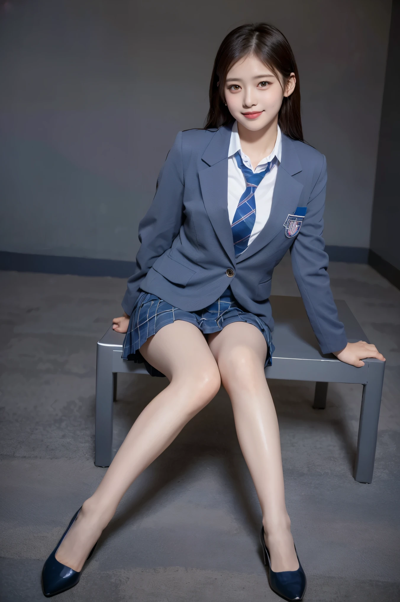 (8k), (highest quality: 1.2), (Realistic), (Realistic: 1.37), Ultra-high resolution, (1 girl), cute, blush,Embarrassed smile, Beautiful details, Beautiful Nose, straight Hair, Giant Dulcefo, pork, Thighs,Self Snap,University Uniforms,(A simple dark blue blazer:1.4),(Pleated skirt:1.2),(The skirt and tie are gray tartan check pattern.:1.3),(Sitting:1), Sit on the ground,(Hold my feet:1),(Shiny legs:1.2),from the front,knees