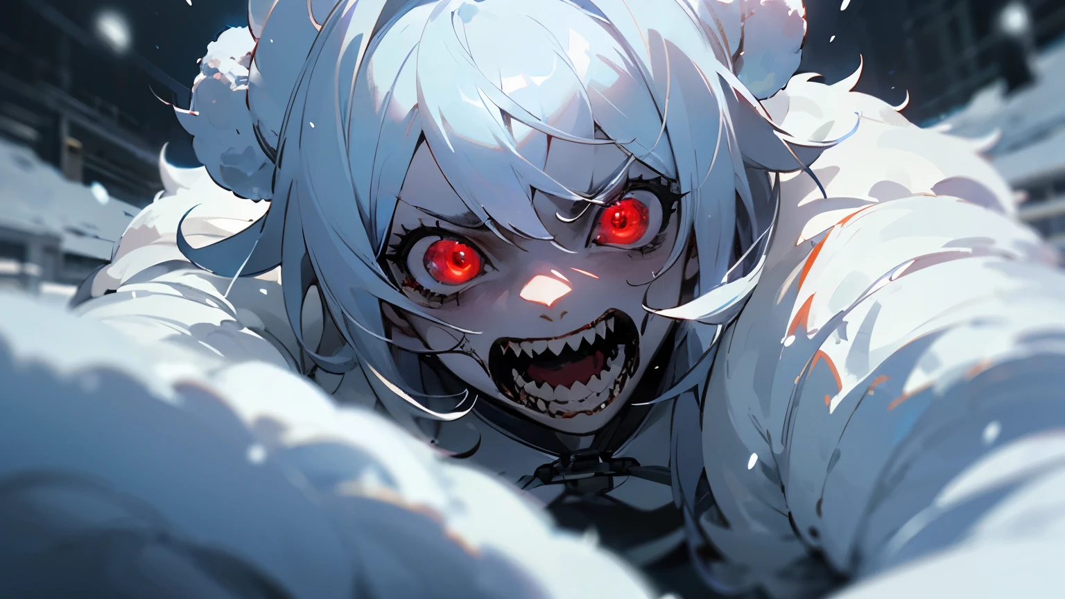 ((best quality)), ((super hdr plus)), ((4k)), ((horror anime girl)), ((horror)), ((well produced)), snow with blur, anime with red eyes , cruel, anger
