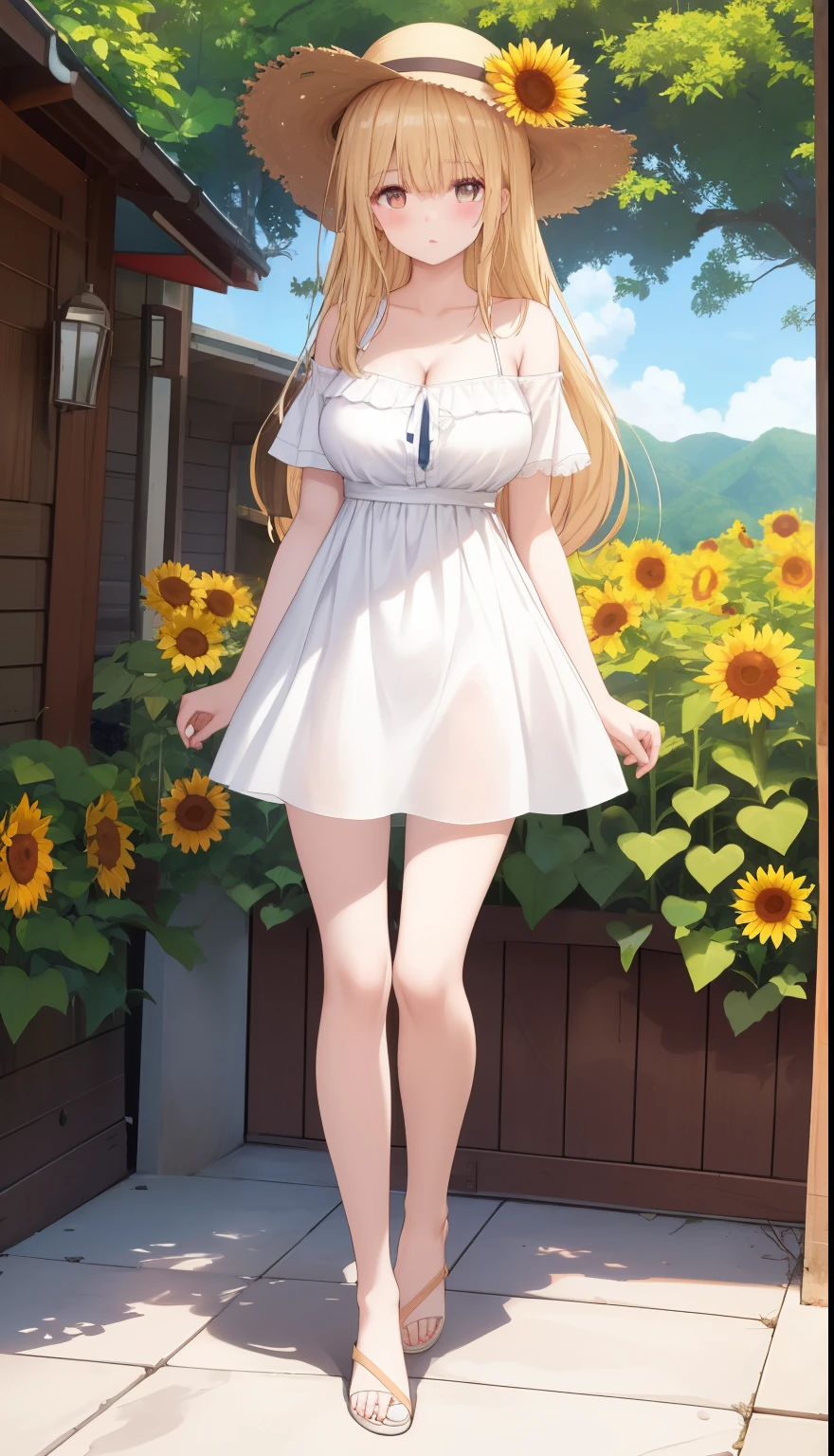 One Girl、Blonde、Long Hair、positive、Standing posture、Full body portrait、Medium Haircut、blush、Absolute area、No panties、No bra、barefoot、White dress、Off-the-shoulder dress、（Very large breasts）、Cleavage、((Lesbians around the world))、masterpiece、（highest quality）、barefoot、White Sandals、Bare your breasts、sunflower、Outdoor、Very short skirt、Thighs、Straw hat、((Exposing the breasts))、((Bare your breasts))、Showing nipples