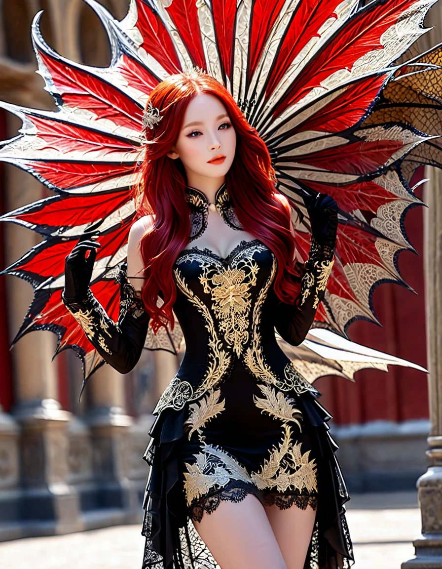 Sublime harpie asiatique belle et sensuelle nous tourne de dos, de dos, very long flamboyant red hair very detailed, jambes longues et sublime, romantique et sensuelle, futuriste, sublime poitrine effet push-up, very thin waist, fine detailed lace with gothic fractal patterns, light short skirt, (deux sublimes et charmantes petites ailes de dragon, queue de dragon), ((hyperRéaliste, masterpiece, superior quality, high resolution, Extremely detailed)), ((highly detailed CG unified 8K wallpaper)), visage Extremely detailed beauté sublime, (light smile drawn on her luscious lips, vole vers le soleil, plan large)