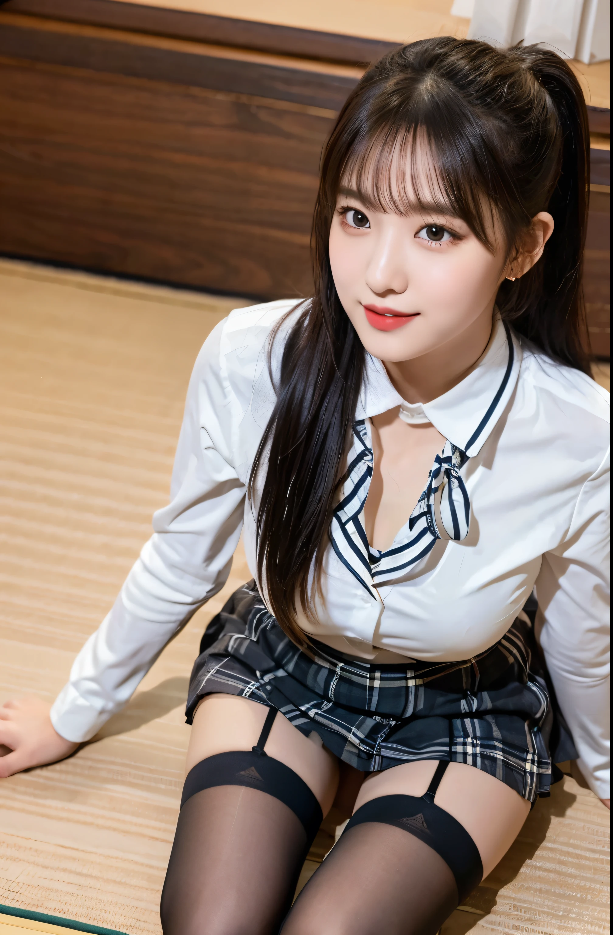 (8K), (highest quality: 1.2), (realistic), (realistic: 1.47), ultra high resolution, 1 girl, cute, smile, closed mouth, thick lips,red lip,Mouth in a kissing position,beautiful details, beautiful nose,(straight black hair), giant dulcefo, pork,self snap,University Student Uniform,white shirt,(Sitting on tatami mats),(drink tea),simple blazer, pleated skirt,(The skirt has a plaid pattern:1.2),cross your legs, From above,(close up on face:1.2),thighs,ponytail,opaque knee high tights