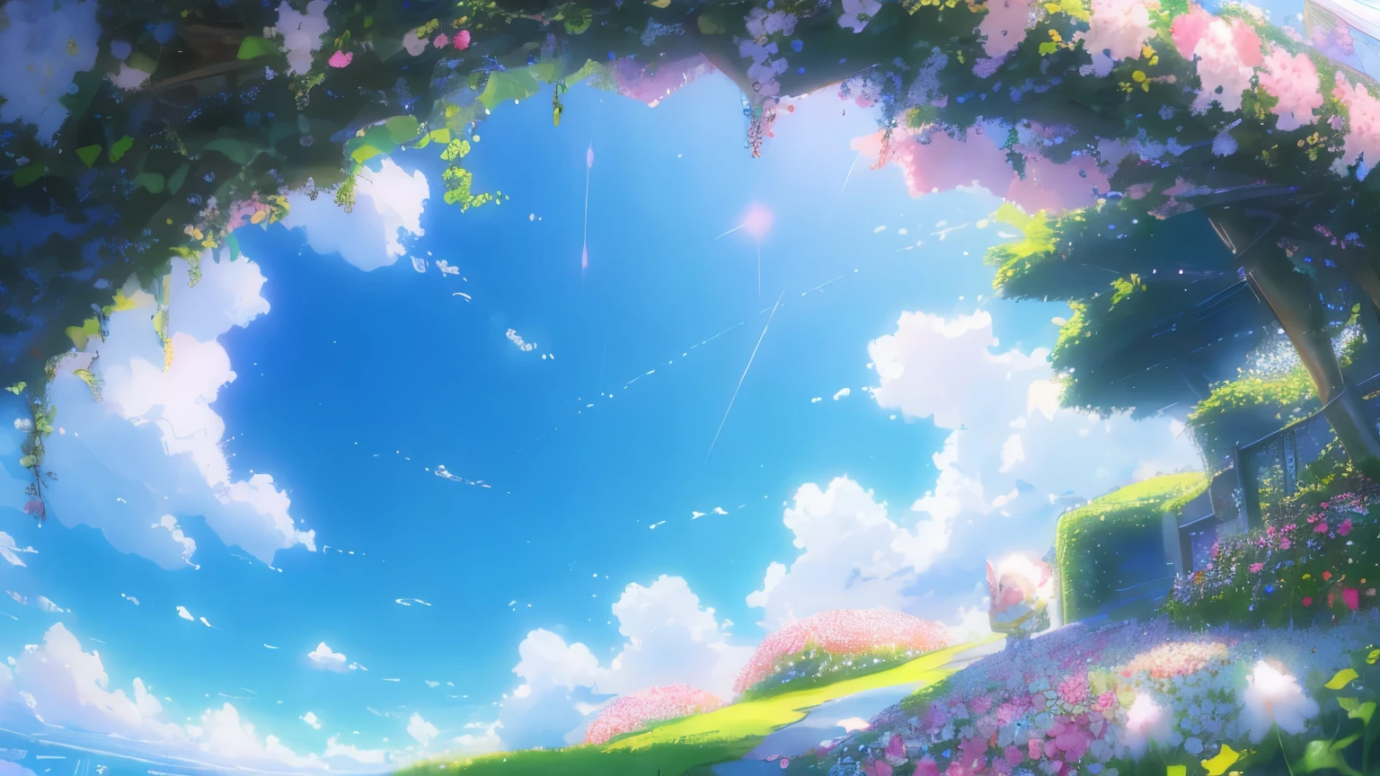 quality, pretty girl, pastel colour, Age 25,Fluffy bunny ears, Pink short bob,Pale pink eyes,A sky garden above the clouds。Colorful flowers々Blooming profusely、Crystal streams flow。