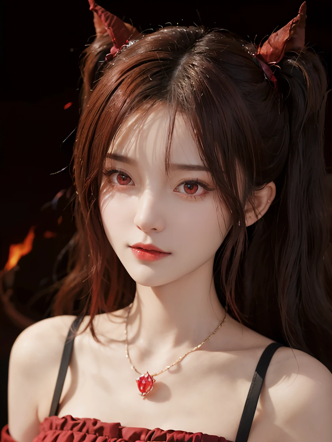(in the dark:1.6), 1 girl, in the dark, deep shadows, secret key,cowboy shot,(formal attire:1.4) ,long wavy hair,red hair,clavicle、Flame background、red hair、red background、Red Soul Clothes、earring、necklace、red tattoo、red eyes、she is the soul、face close up、red eyes、face close up、red eyes、search、red fairy costume、red hair띠、red eyes、give、bright red lipstick、fire devil、red eyes、red hair、red eyes、赤いFlame background、bright red eyes、twin tail、small fangs、