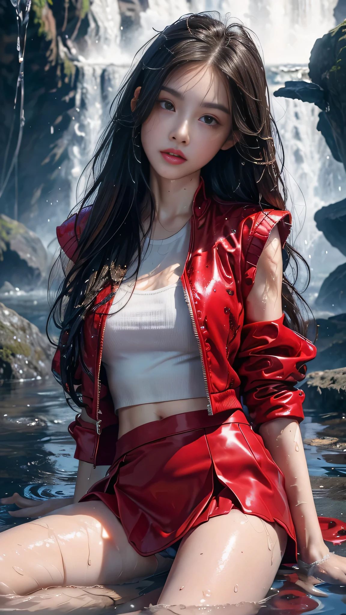 8k, masterpiece, 1 girl, beautiful face, ((very long hair)), glossy makeup, closed mouth, (glossy skin:1.5), detailed eyes, detailed lips, small bust, red short jacket, wet white vest, ((red mini skirt)), ((under pants)), ((bare thigh)), straps clothing, (water falling:1.5), steam effect, water vapor, adult pose, laying on the water,