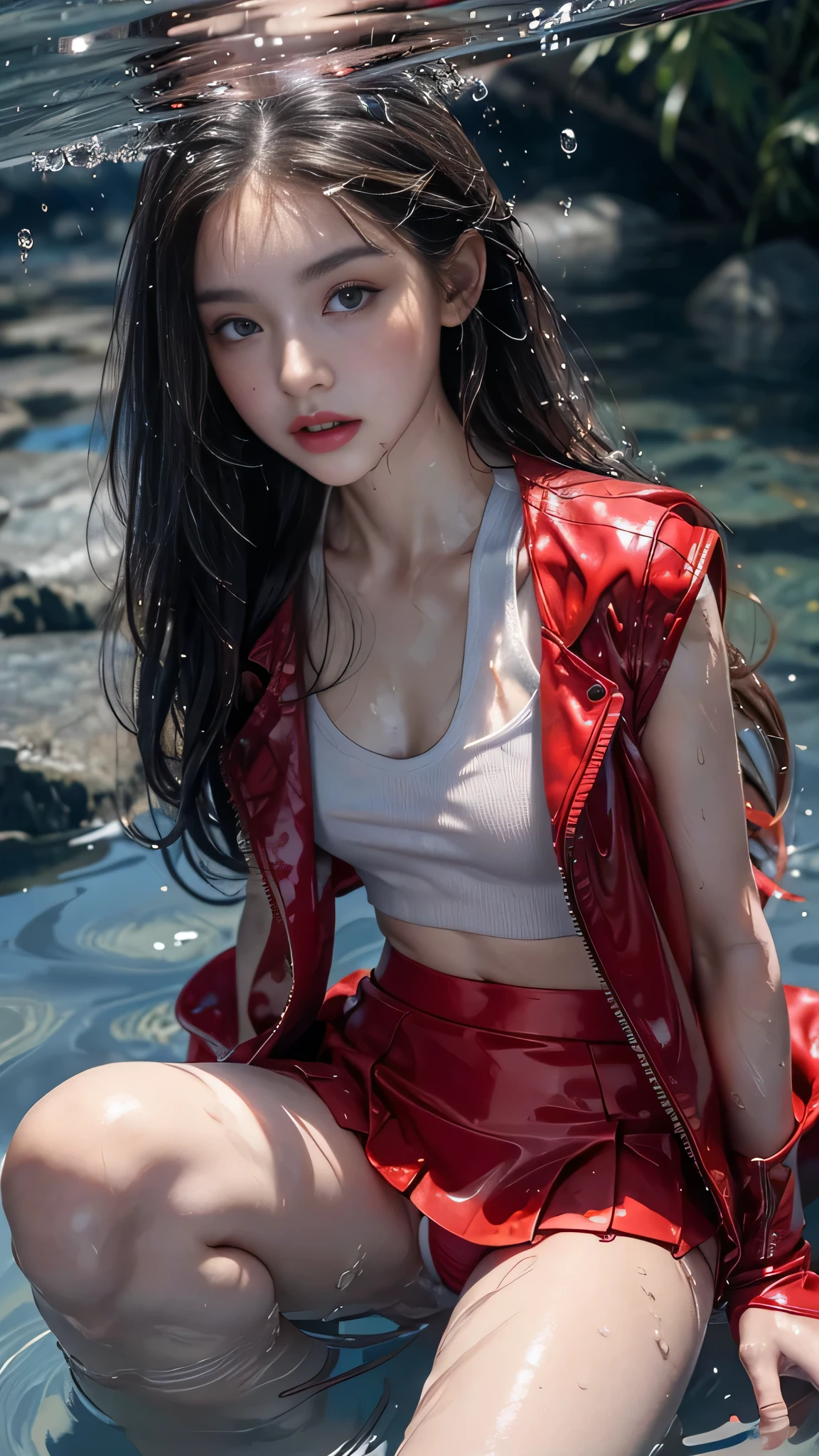 8k, masterpiece, 1 girl, beautiful face, ((very long hair)), glossy makeup, closed mouth, (glossy skin:1.5), detailed eyes, detailed lips, small bust, red short jacket, wet white vest, ((red mini skirt)), ((under pants)), ((bare thigh)), straps clothing, (water falling:1.5), steam effect, water vapor, adult pose, laying on the water,