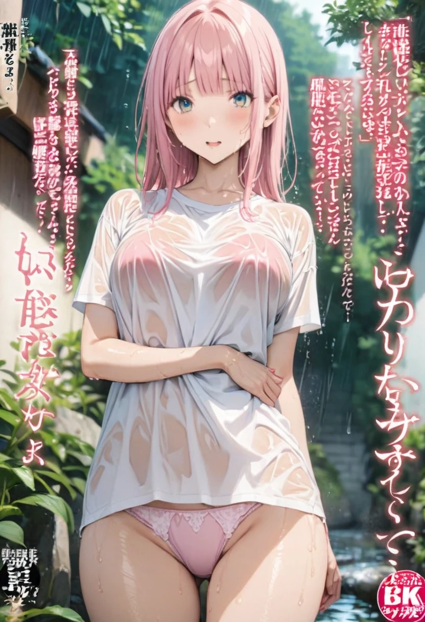 Magazine cover(masterpiece, best quality:1.2),woman,(((The eyes are delicate)))((Wet clothes)),Pink underwear,outdoor,rain(8K)(HD)
