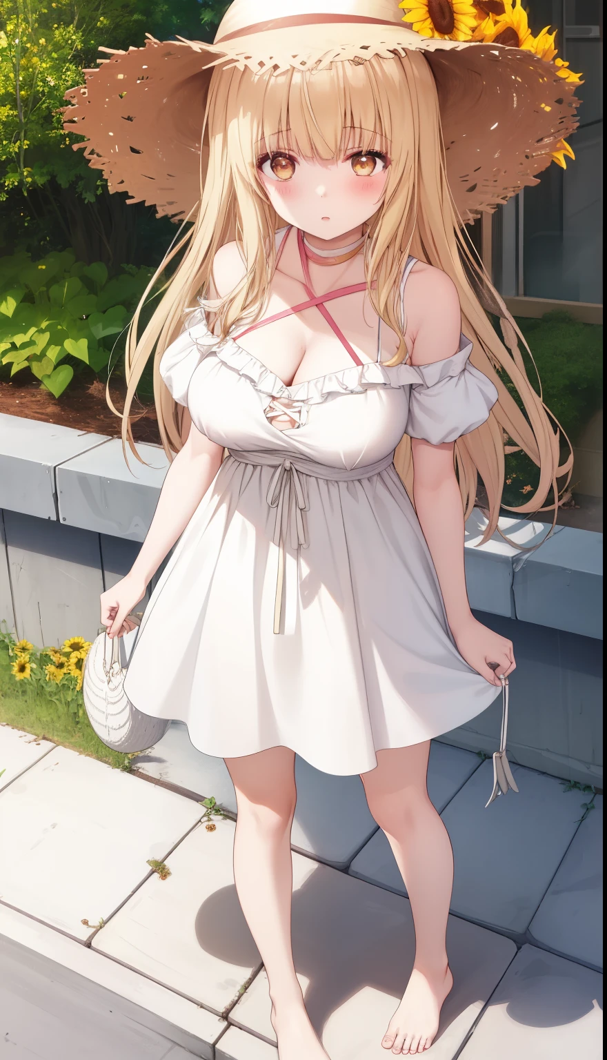 One Girl、Blonde、Long Hair、Shiina Mayu、positive、Standing posture、Full body portrait、Medium Haircut、blush、Absolute area、No panties、No bra、barefoot、White dress、Off-the-shoulder dress、（Very large breasts）、Cleavage、((Lesbians around the world))、masterpiece、（highest quality）、barefoot、White Sandals、Bare your breasts、sunflower、Outdoor、Very short skirt、Thighs、Straw hat、((Exposing the breasts))、((Bare your breasts))、Showing nipples