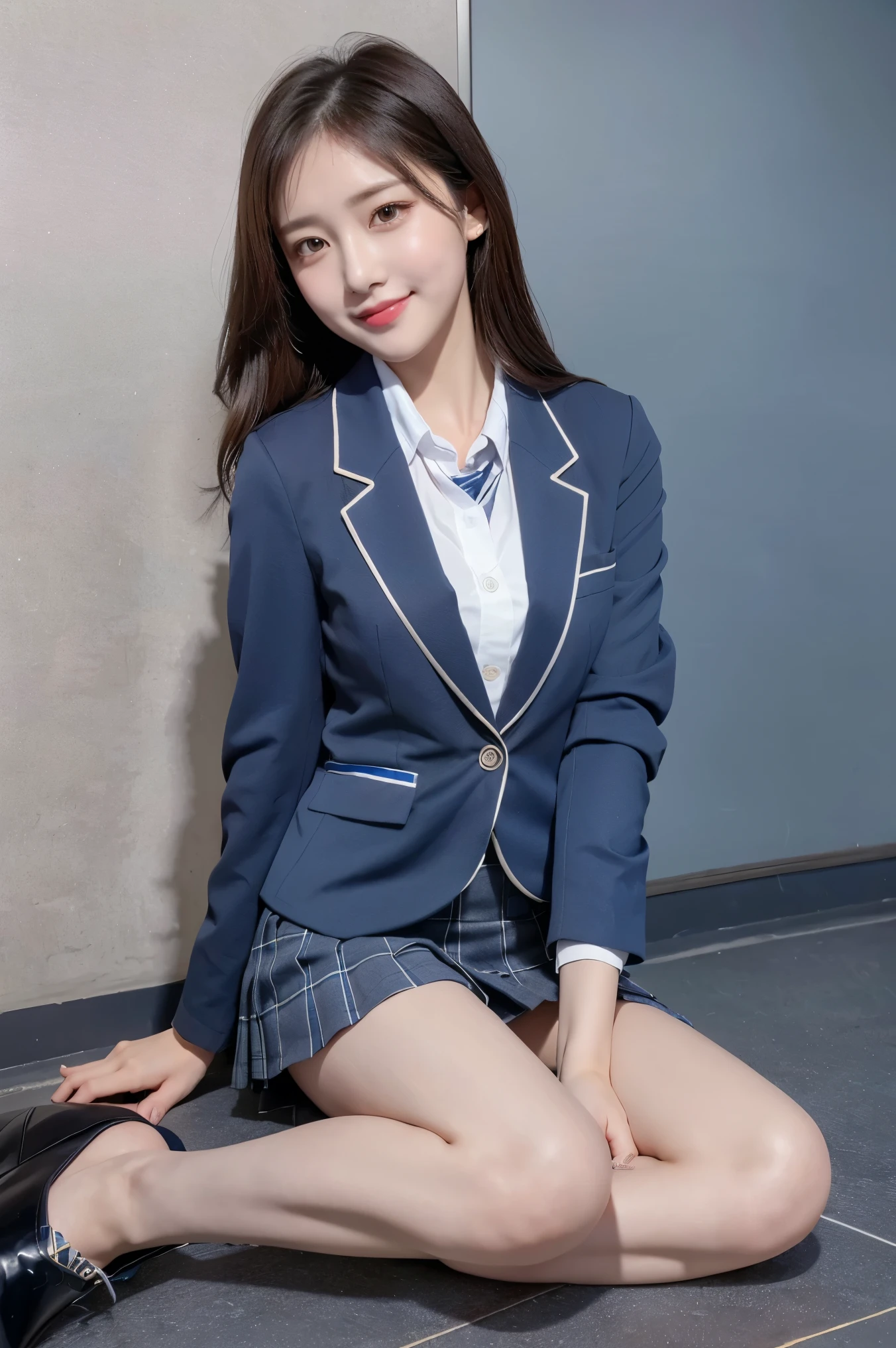 (8k), (highest quality: 1.2), (Realistic), (Realistic: 1.37), Ultra-high resolution, (1 girl), cute, blush,Embarrassed smile, Beautiful details, Beautiful Nose, straight Hair, Giant Dulcefo, pork, Thighs，Self Snap,University Uniforms,(A simple dark blue blazer:1.4),(Pleated skirt:1.2),(The skirt and tie are gray tartan check pattern.:1.3),(Sitting:1), Sit on the ground,(Hold my feet:1),(Shiny legs:1.2),from the front,knees