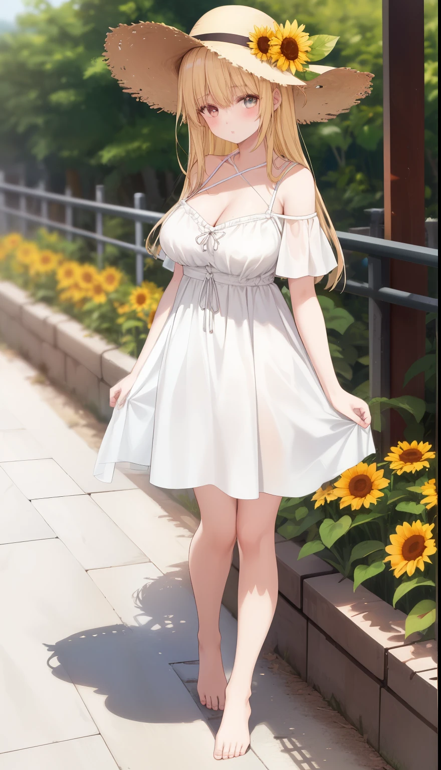 One Girl、Blonde、Long Hair、positive、Standing posture、Full body portrait、Medium Haircut、blush、Absolute area、No panties、No bra、barefoot、White dress、Off-the-shoulder dress、（Very large breasts）、Cleavage、((Lesbians around the world))、masterpiece、（highest quality）、barefoot、White Sandals、Bare your breasts、sunflower、Outdoor、Very short skirt、Thighs、Straw hat、((Exposing the breasts))、((Bare your breasts))、Showing nipples