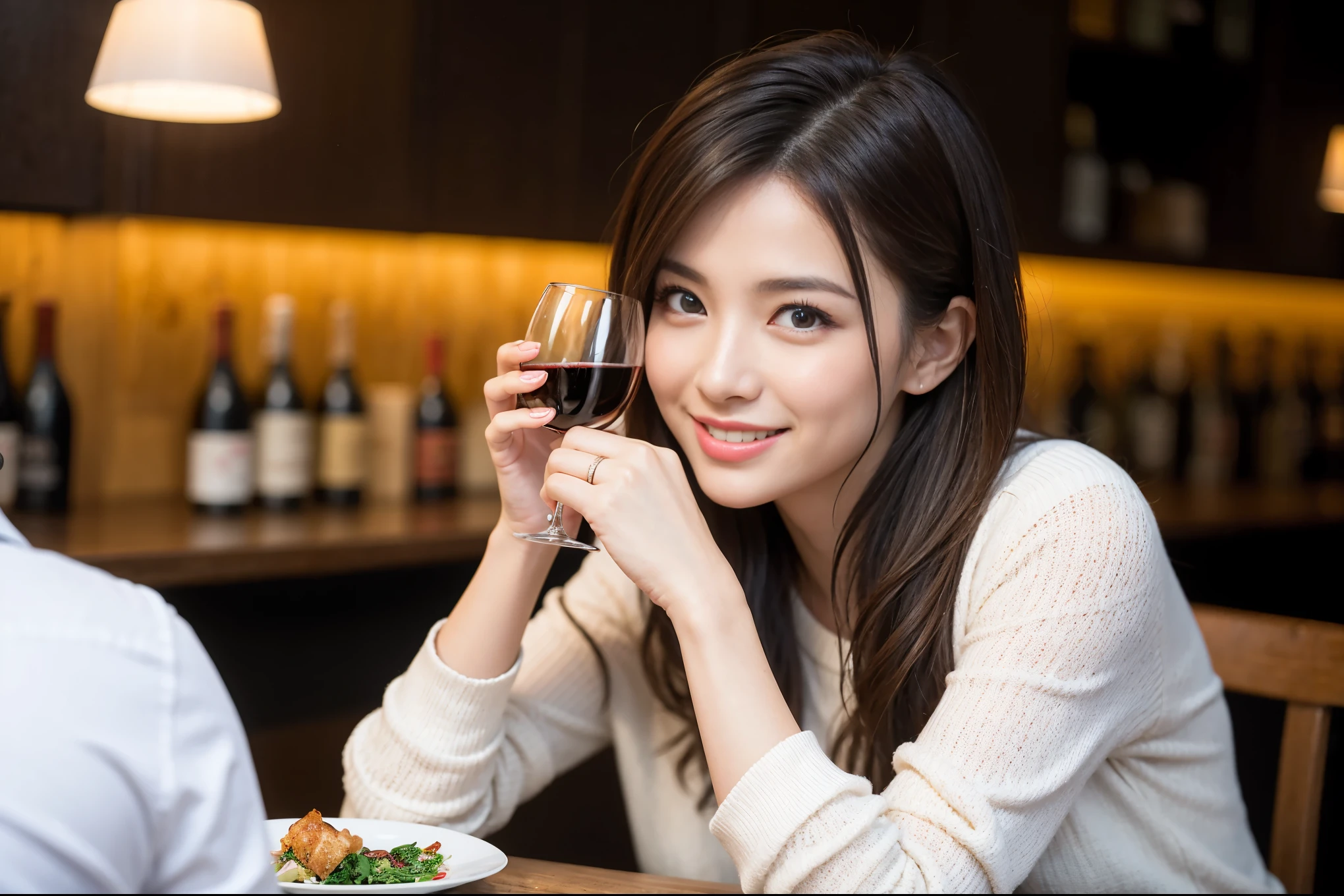((highest quality、8k、masterpiece:1.3))、A beautiful woman who looks like Rae Dunn、1 male、1 female、Couple、Spouse、The body is slim、((Bob Hale、Straight hair:1.2)), (Realistic, Intricate details:1.2), full-course dinner、テーブルの上のwine glass、Put the light on your face、 Amazing view of the sunset sky and clouds、A bright smile、The wonderfulness of smile、Bright image、The beauty of wine, Beautiful Face, blue eyes, The light shines on your face, Blushing, short hair,Bright Face、 (Age 44), 43 years old, red wine 、Appetizers、Italian food、Wine bottle、Champagne、sparkling wine、Two beauties、Brown Hair、Shortcuts、Long sleeve shirt、dress、Pretty Woman 1, (slimな顔), (The body is slim), (Brown Hair), (Shortcuts), cheeks turn a little red,Attractive beauty、restaurant, In a prominent place (From the waist up) Nova Frog Style, actress, model, Upper Body, White wine, slim, wine glass, A wine glass placed in the center, smile, (smile: 1.15), Beautiful fine grain, Depth f/2,saturation, High Contrast, Strong light and shadow,Moist Body:1.5、3D texture、Delicate eyes、Brown Hair、The hair is very shiny、