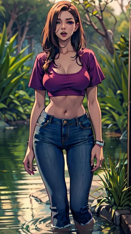(masterpiece), best quality, expressive eyes, perfect face, (deep jungle background), (standing), (smirk), (cleavage view), (2girl, ((18 years old, Nami, fair skin, orange hair, brown eyes, hourglass figure, thin body, skinny body, petite_body, large breasts, huge breasts, oppai, large cleavage, wide hips, thick thighs), (green stripe v-neck shirt, sleeveless, croptop, exposed cleavage, shorts)), ((18 years old, Nico Robin, latina, dark skin, tanned skin, short black hair with bangs, brown eyes, hourglass figure, thin body, skinny body, petite_body, large breasts, huge breasts, oppai, large cleavage, wide hips, thick thighs), (purple stripe v-neck shirt, sleeveless, croptop, exposed cleavage, shorts)), 