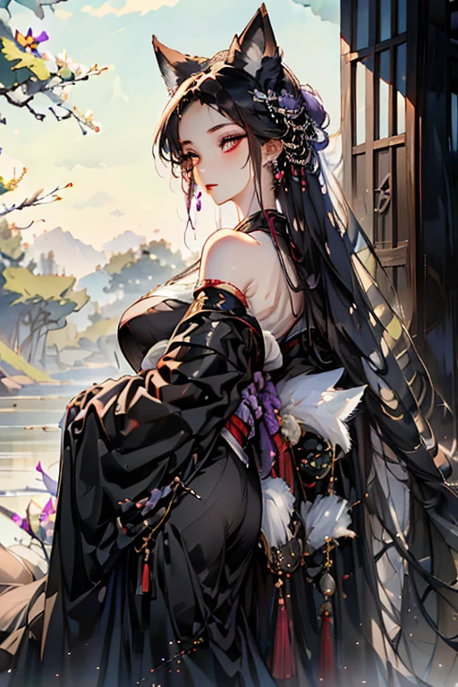 A black haired fox woman with violet eyes with an hourglass figure and black fox ears and a black fox tail in a pretty kimono is watching the sunset