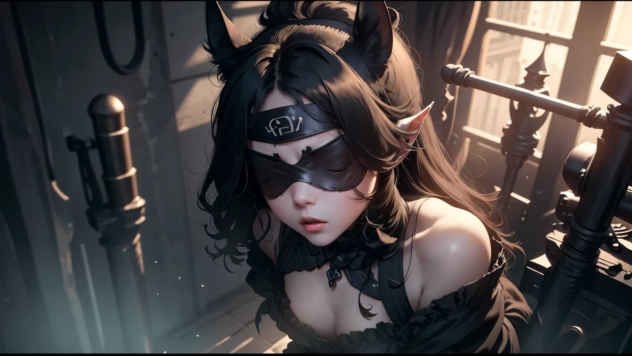 ((Marl、Headband with horse ears、fake horse ears))、(lightly dressed、neckline on the chest、full body photo、nice legs)、(dark、Blind Mask、Blindfolds、cruel、deadpan look、Death Row Inmates、Large piercing、big earrings、standing、T back)、1 girl in、masterpiece、Japanese girl、absurd、a high resolution、ultra detailed、depth of field、masterpiece、very detailed computer graphics、3D photography、3D фон、unity、8K、a high resolution、top quality、ghostly、sharp focus、pale-skinned、Detailed eye、blurred background、dynamic angle、The most amazing super feat, Exaggeration、closed mouth、ultrapure